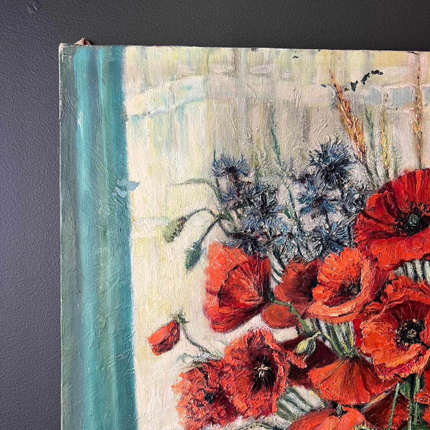 Vintage Dutch Still Life Oil Painting Poppies and Cornflowers in Jug