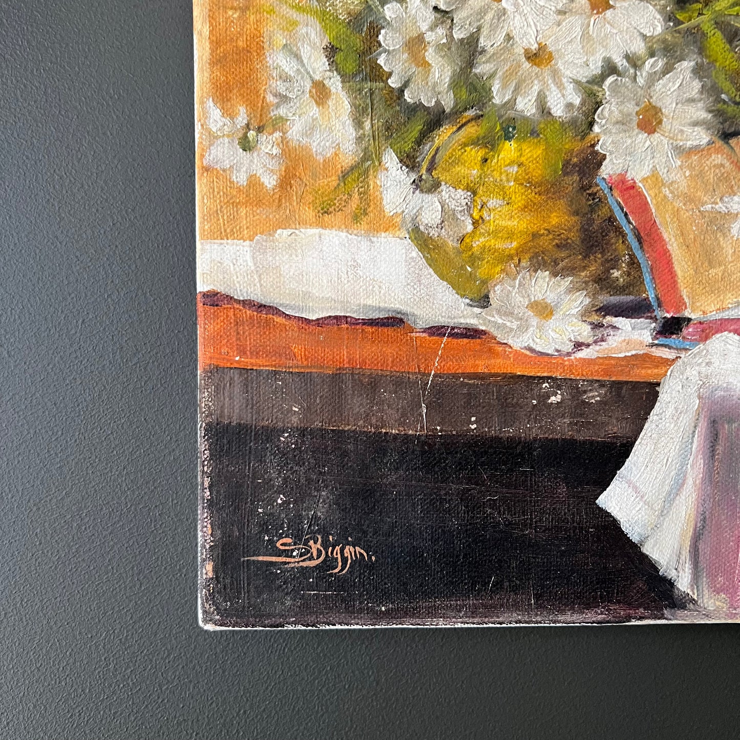 Vintage Oil Painting Still Life of Daisies and Book