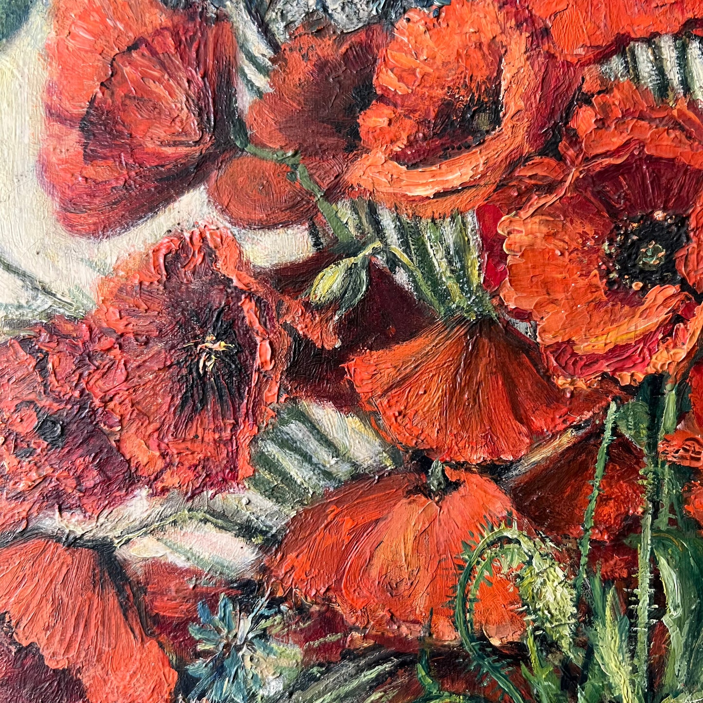 Vintage Dutch Still Life Oil Painting Poppies and Cornflowers in Jug
