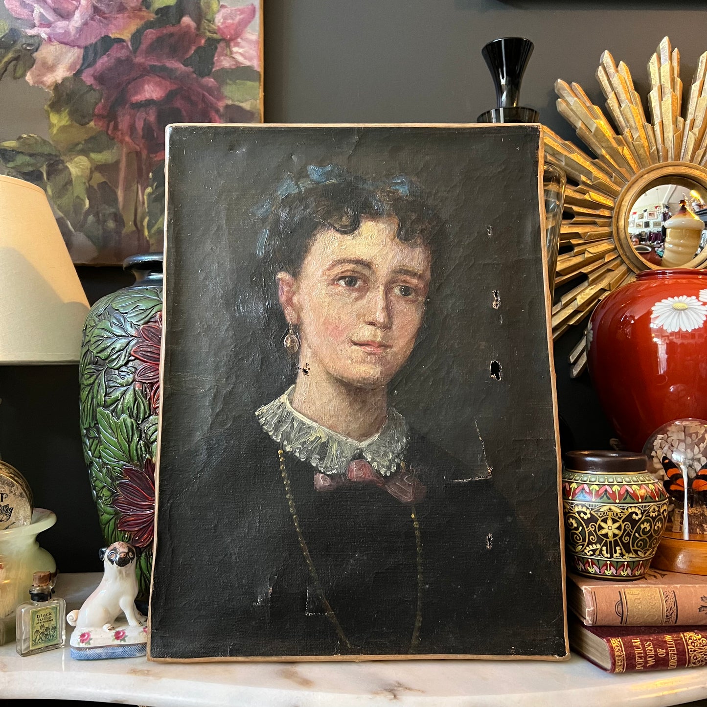 Antique French Oil Painting Portrait of Girl with Blue Bows 1800s