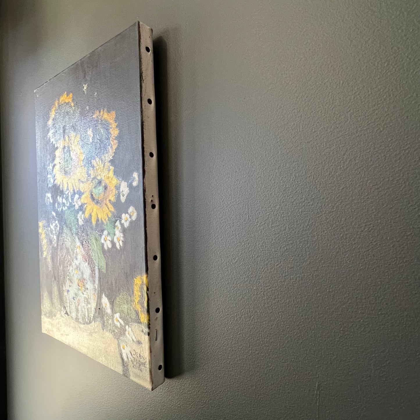 Vintage Oil Painting Still Life of Sunflowers in Vase