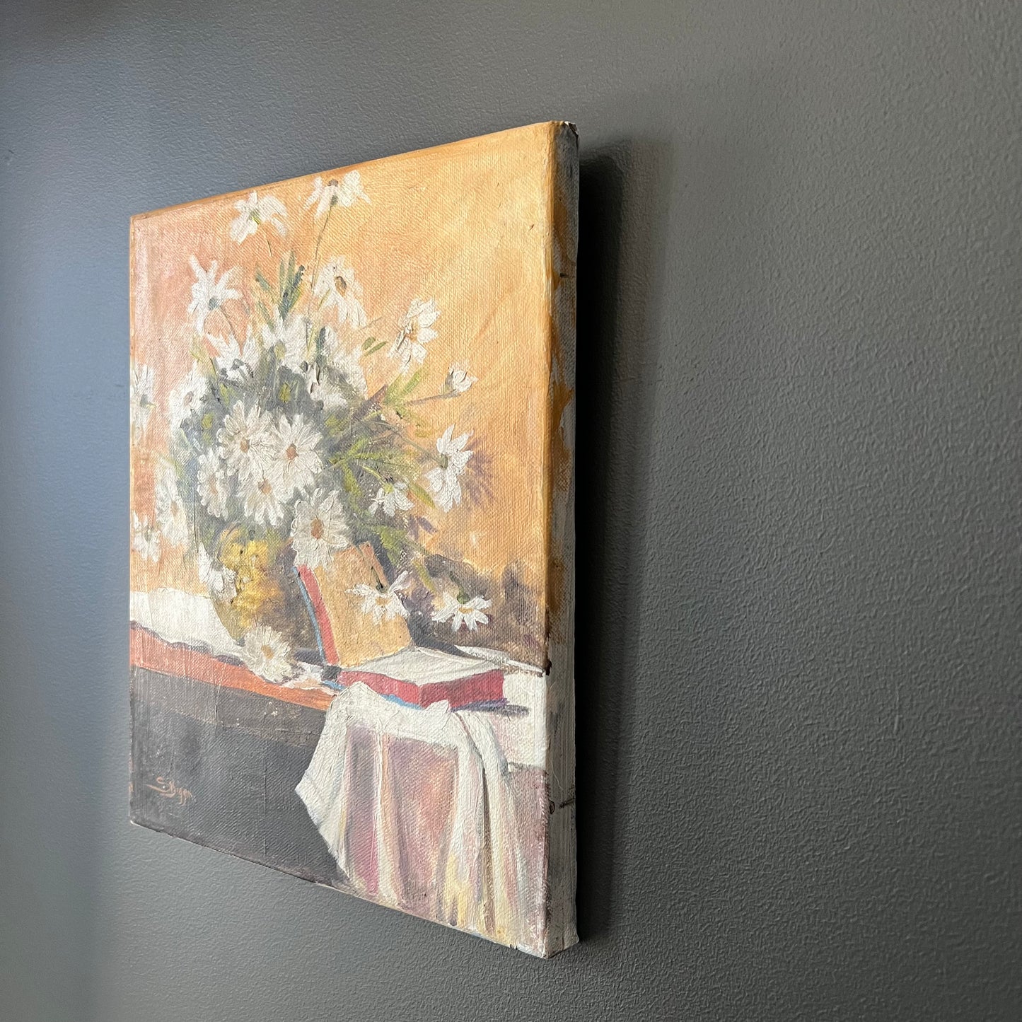 Vintage Oil Painting Still Life of Daisies and Book