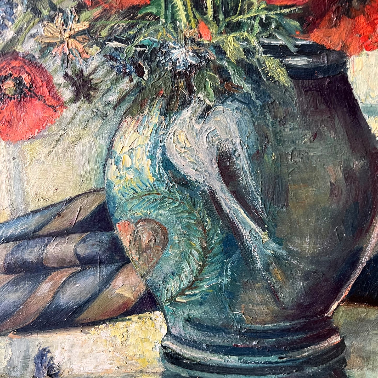 Vintage Dutch Still Life Oil Painting Poppies and Cornflowers in Jug