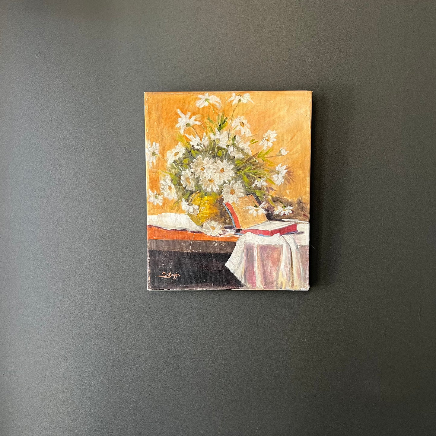 Vintage Oil Painting Still Life of Daisies and Book