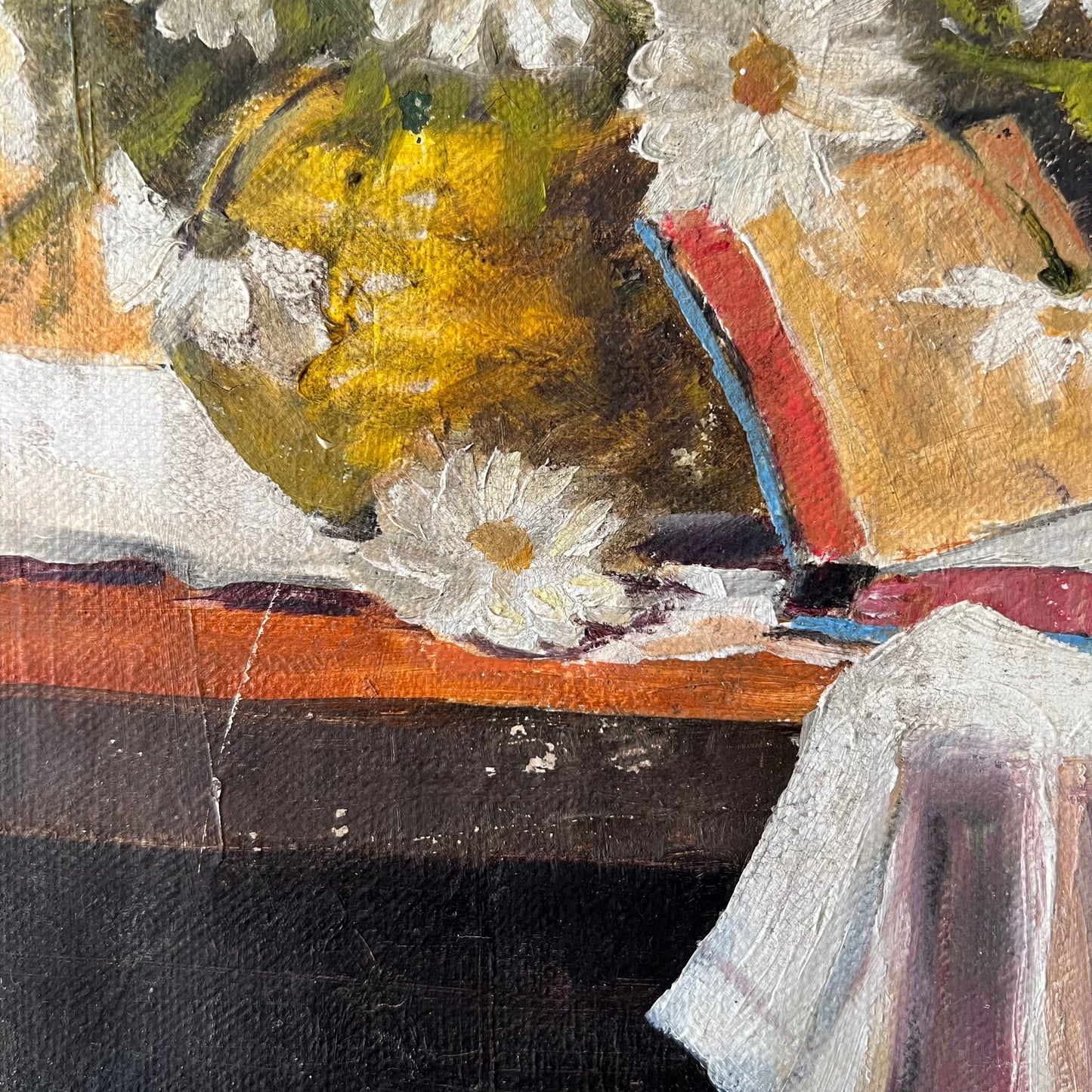 Vintage Oil Painting Still Life of Daisies and Book