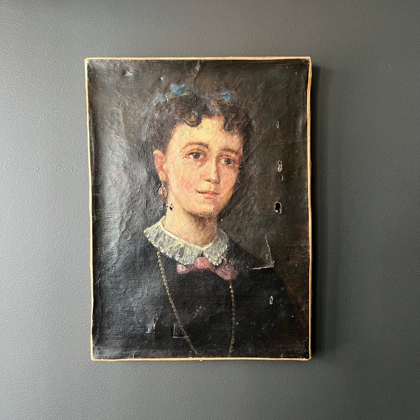 Antique French Oil Painting Portrait of Girl with Blue Bows 1800s