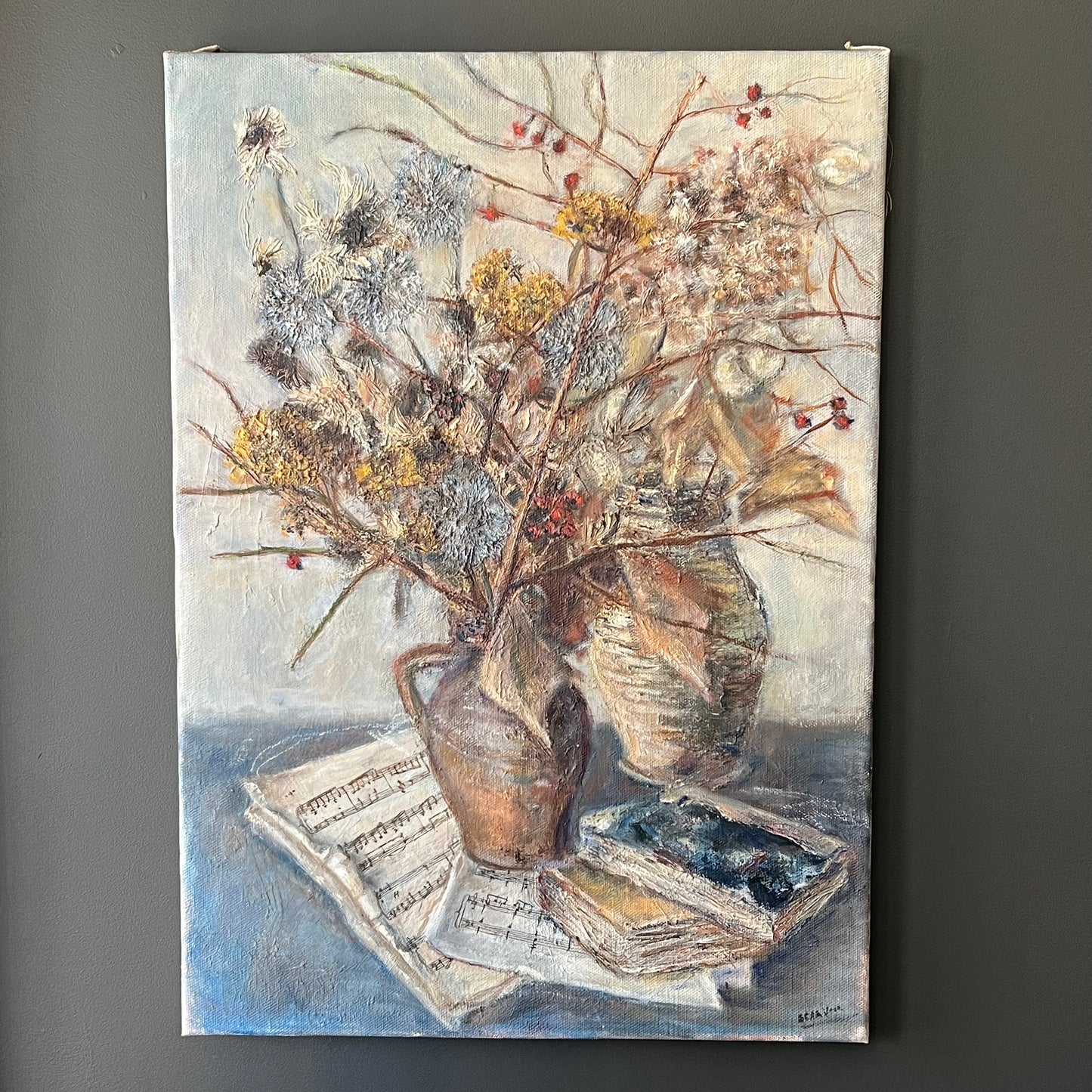 Vintage Dutch Oil Painting Textured Dried Blooms & Music Sheets