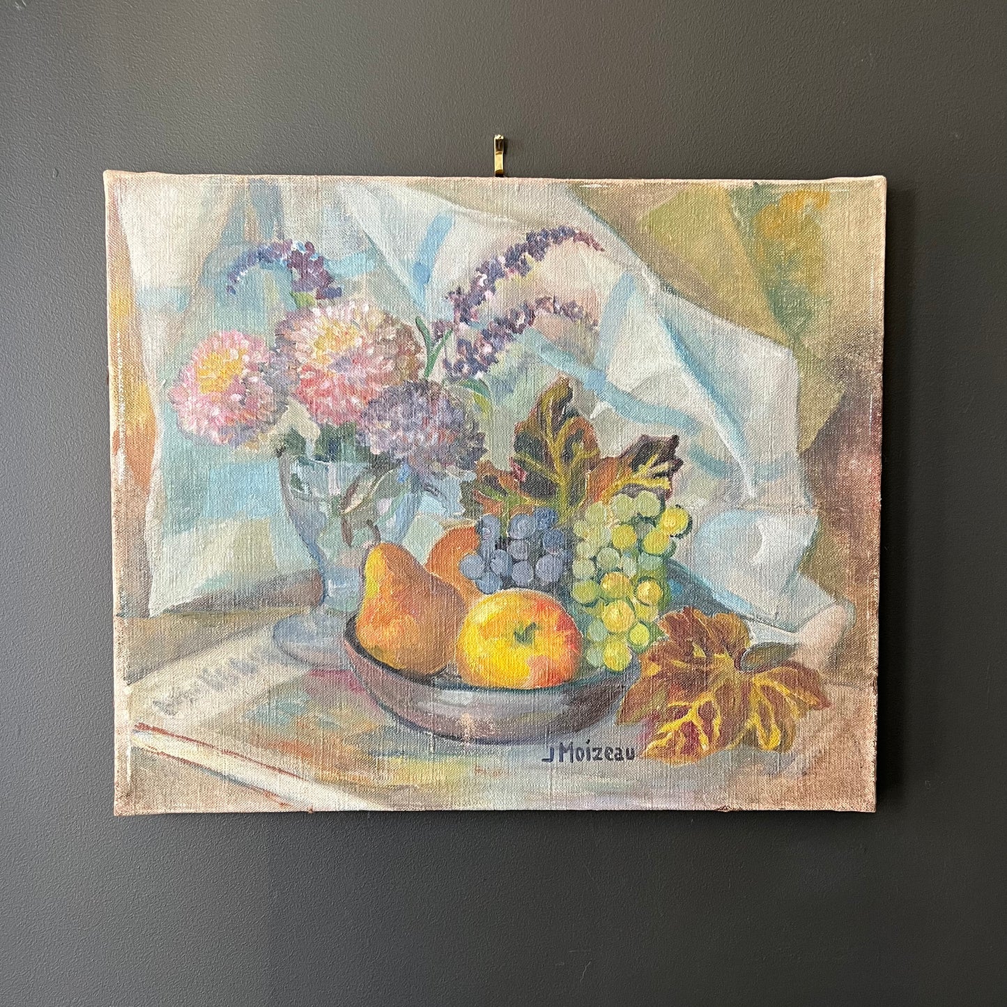 Vintage Oil Painting French Still Life of Florals and Fruit