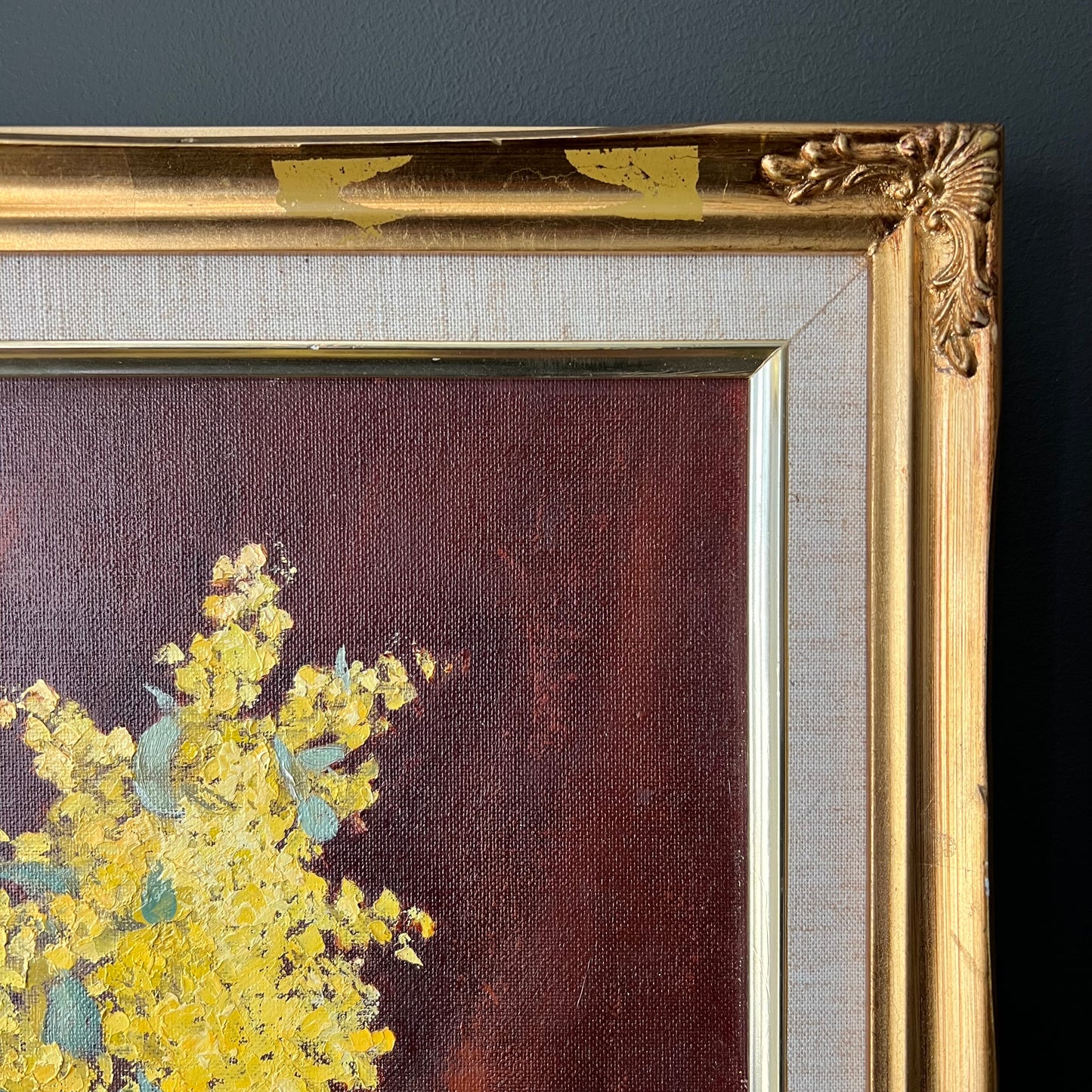 Vintage Oil Painting Still Life of Golden Wattle