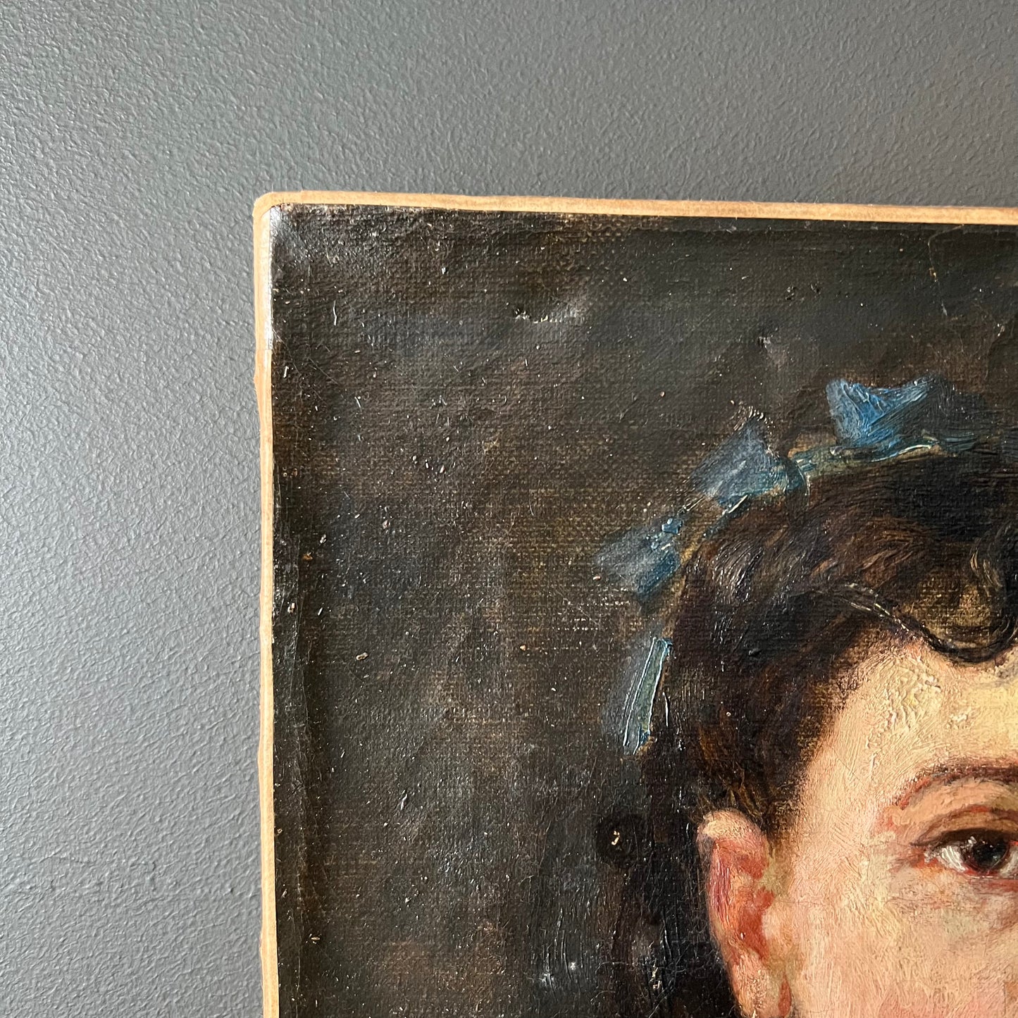 Antique French Oil Painting Portrait of Girl with Blue Bows 1800s