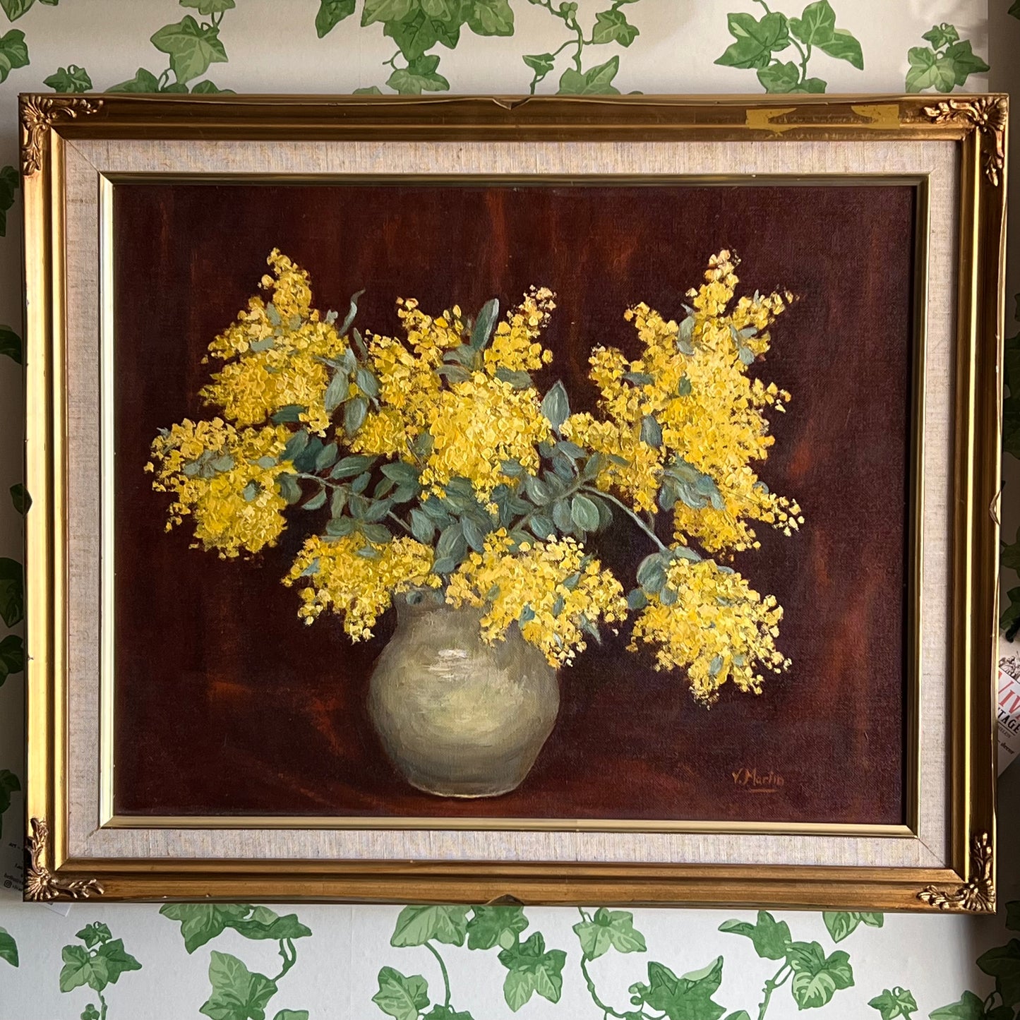 Vintage Oil Painting Still Life of Golden Wattle