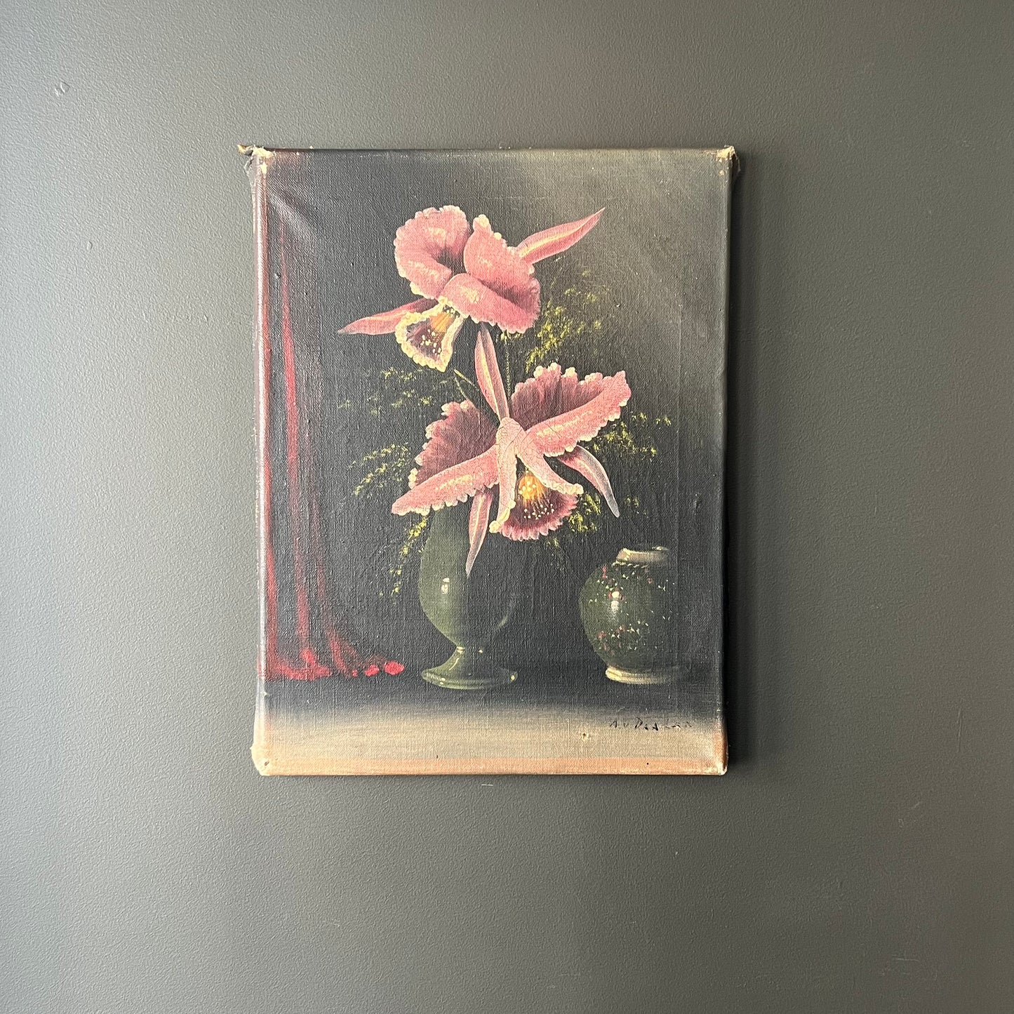 Vintage Oil Painting Still Life of Pink Orchid