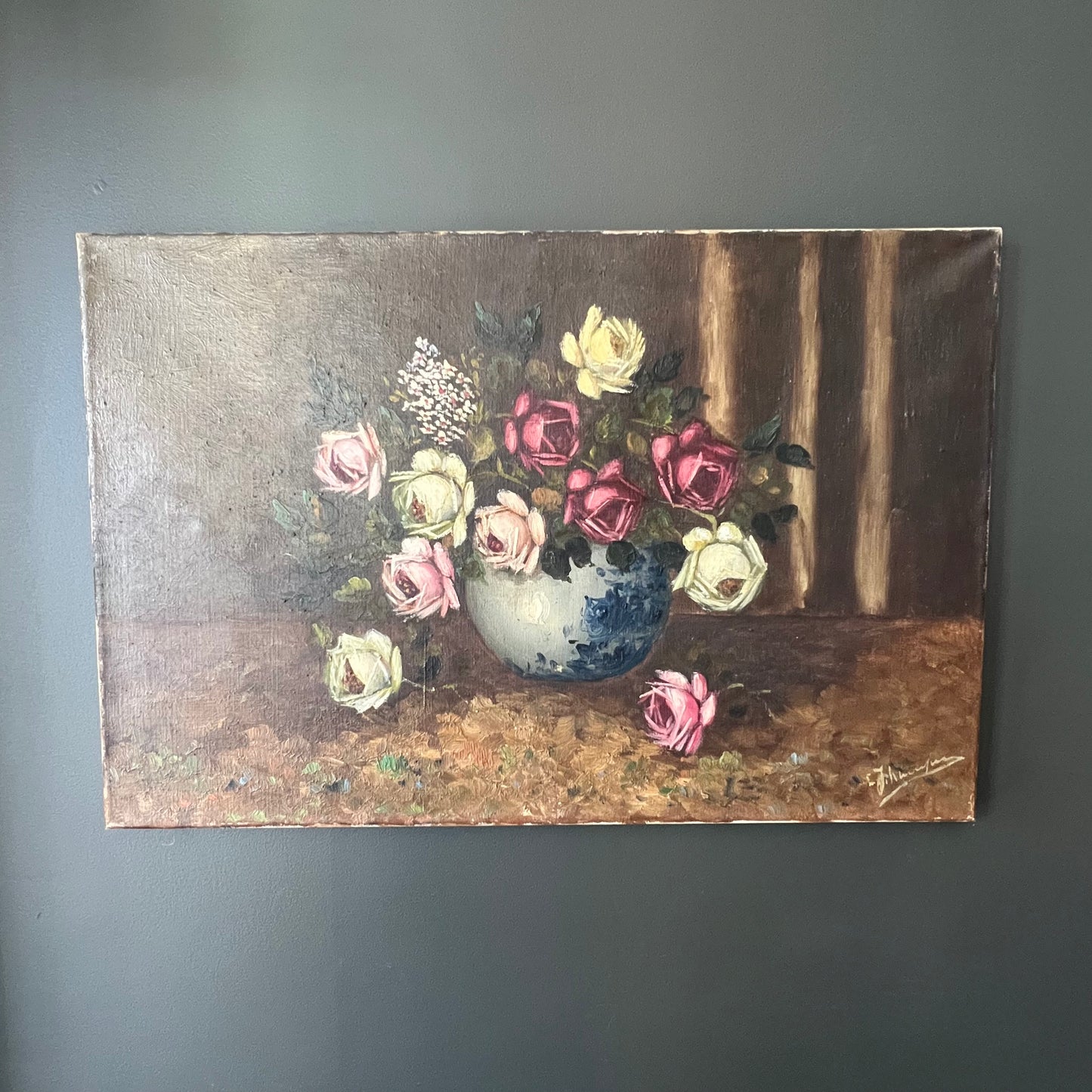 Vintage Oil Painting Still Life of Roses in Bowl