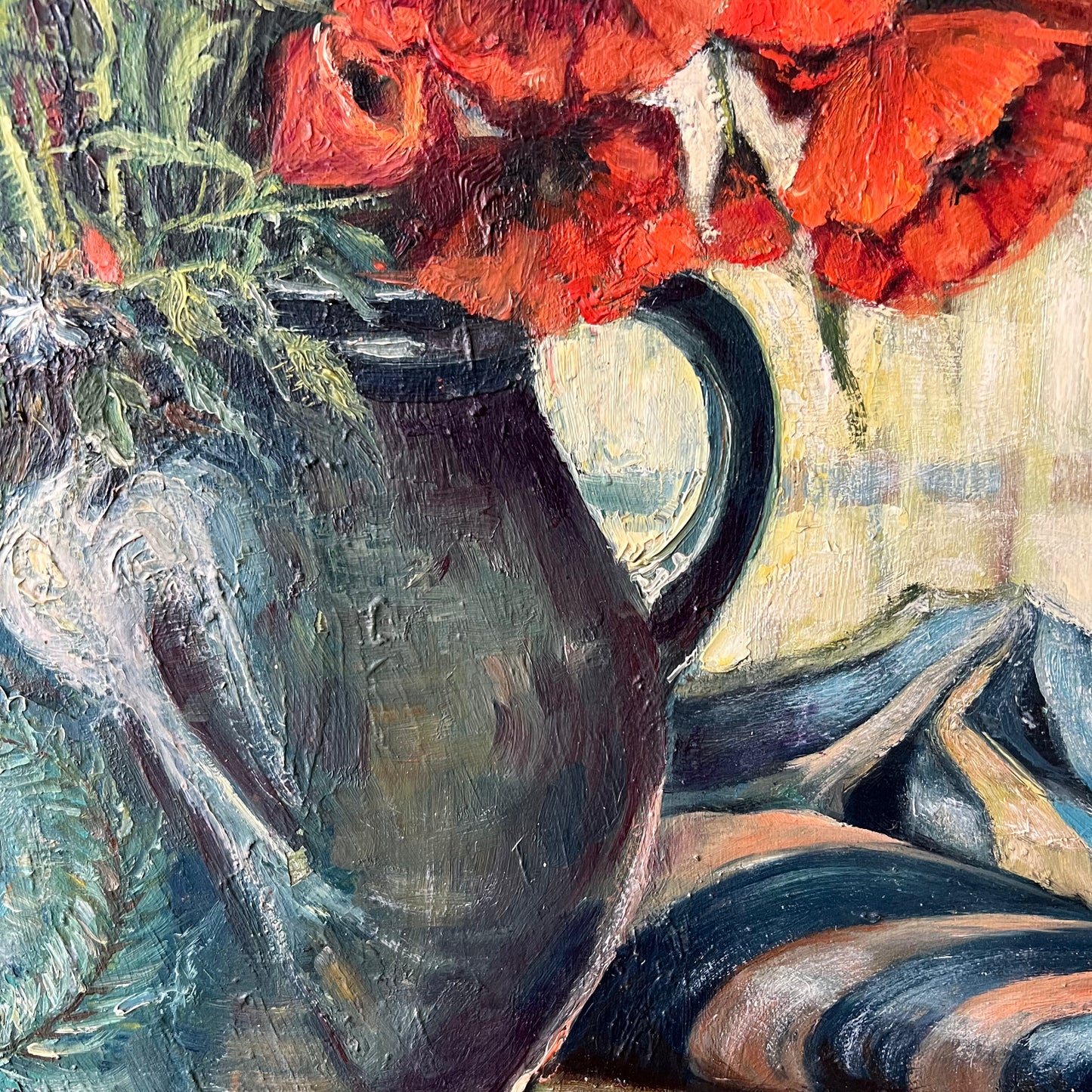 Vintage Dutch Still Life Oil Painting Poppies and Cornflowers in Jug