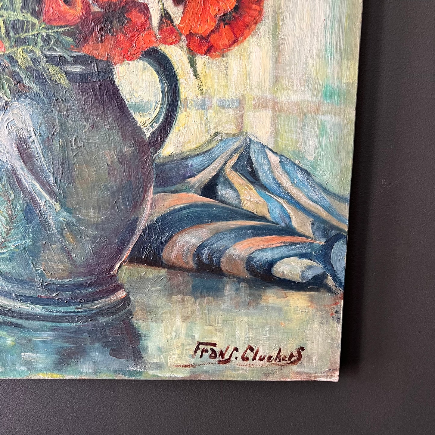 Vintage Dutch Still Life Oil Painting Poppies and Cornflowers in Jug
