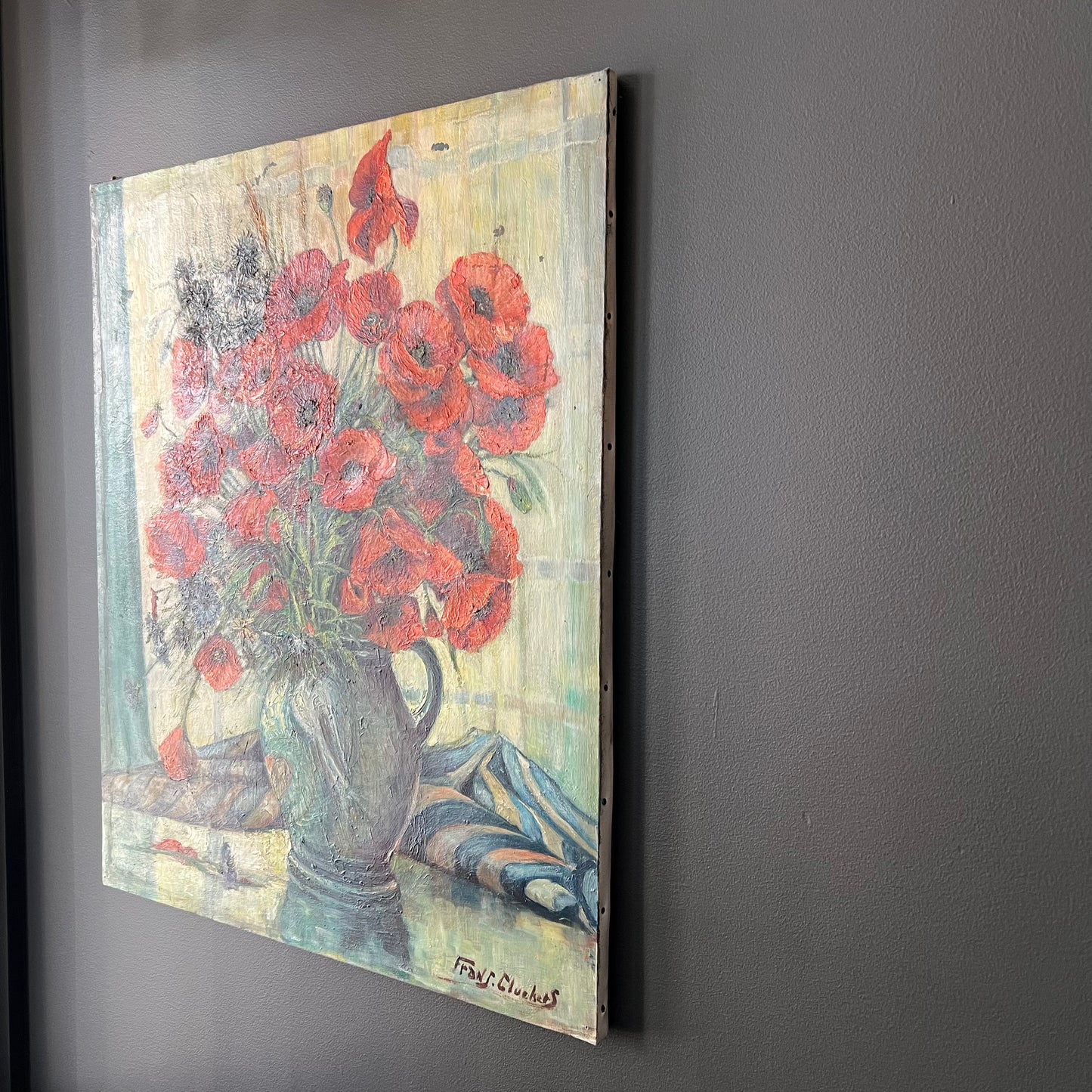 Vintage Dutch Still Life Oil Painting Poppies and Cornflowers in Jug