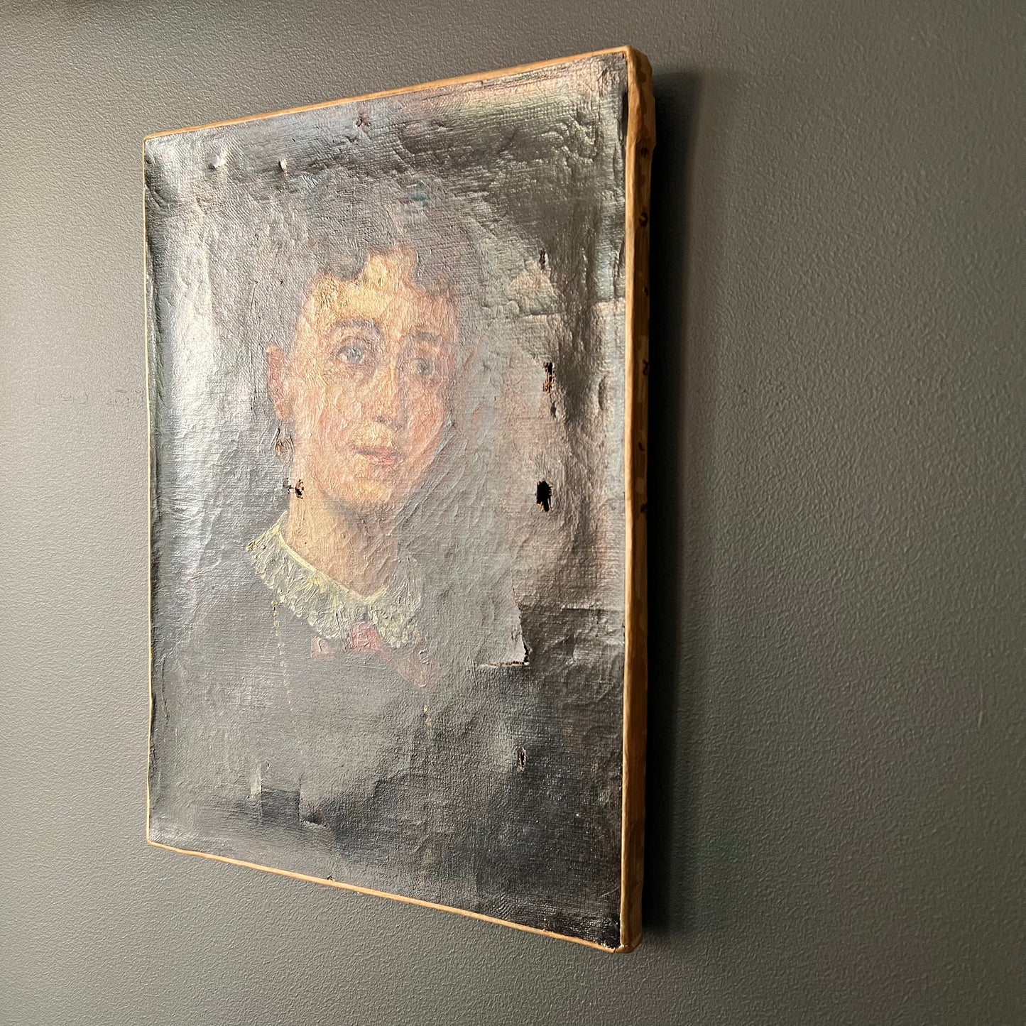 Antique French Oil Painting Portrait of Girl with Blue Bows 1800s