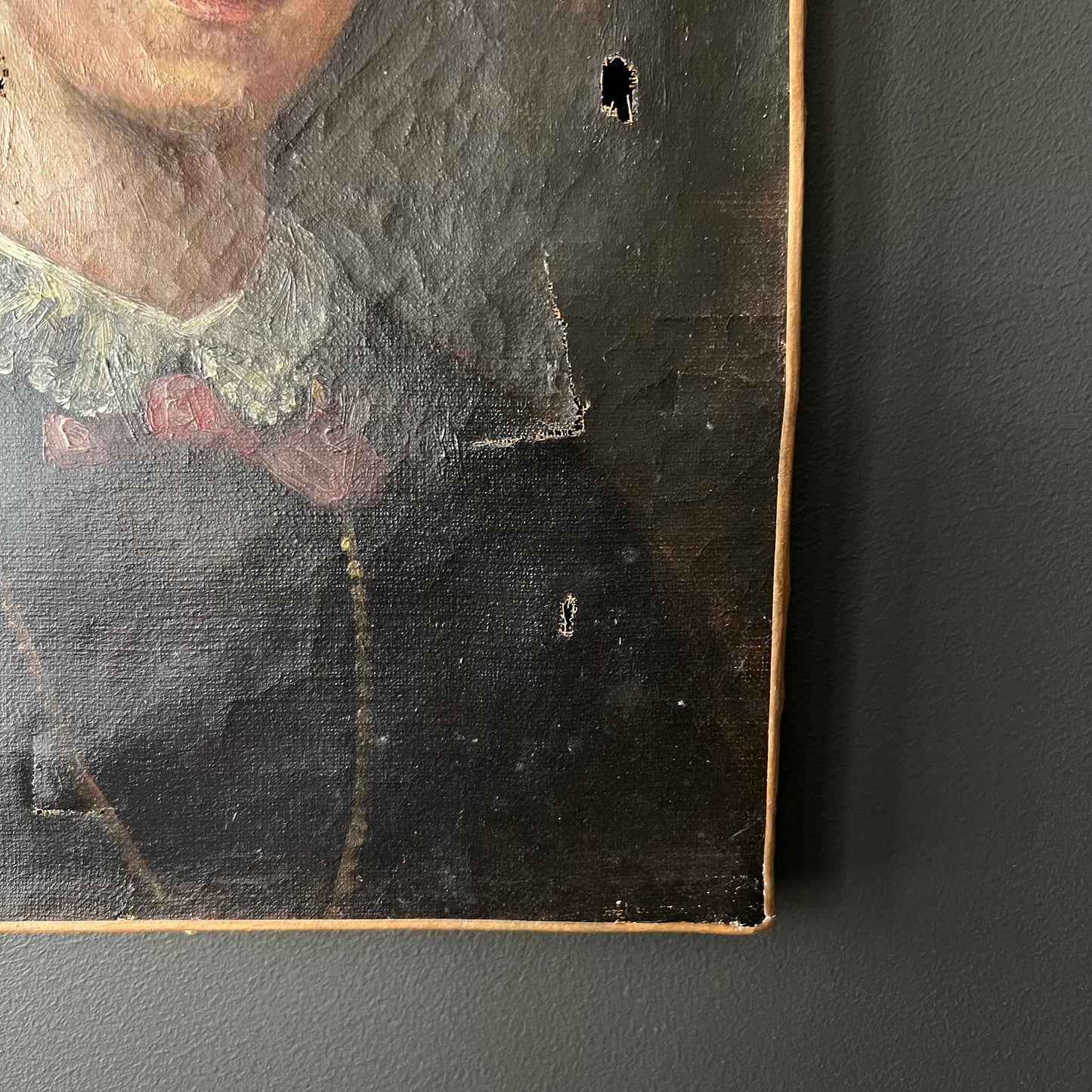 Antique French Oil Painting Portrait of Girl with Blue Bows 1800s