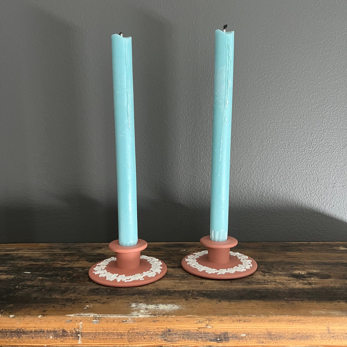 Vintage Wedgwood Jasperware Terracotta Candlestick Holders Grapevine Pair