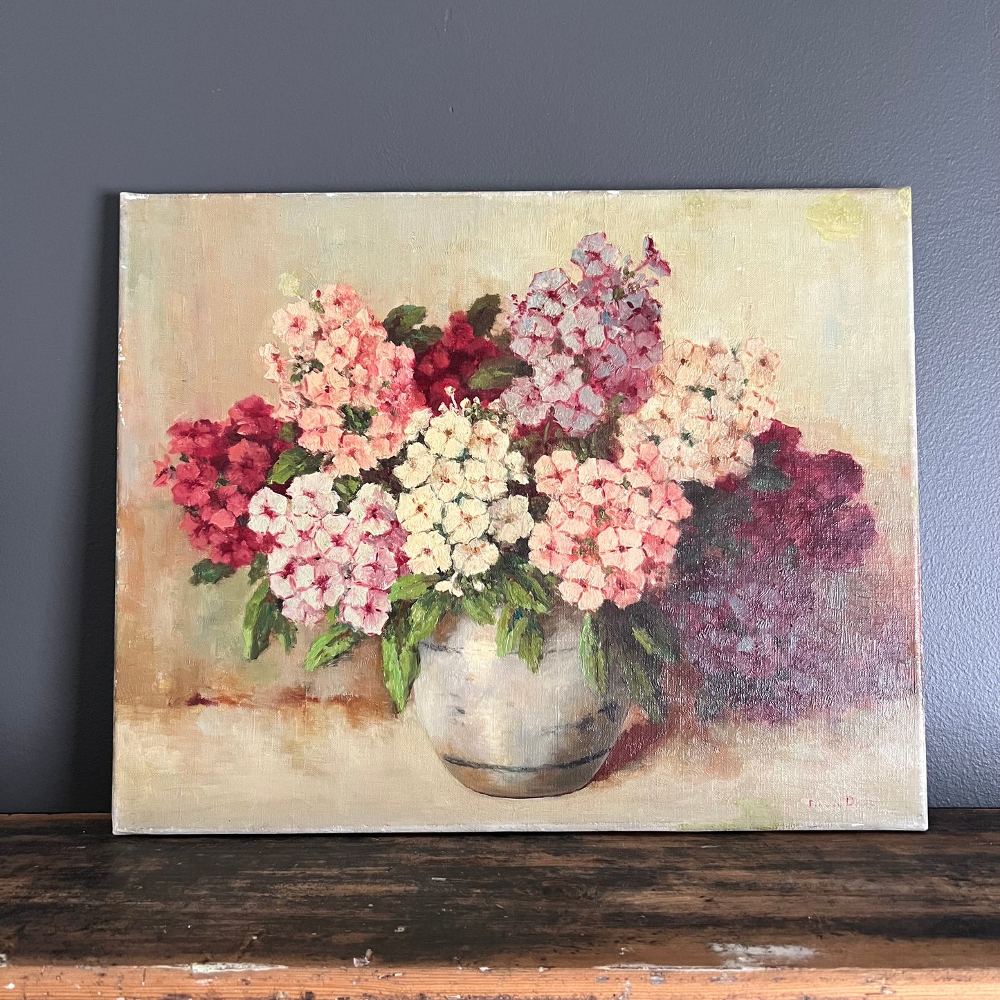 Vintage Oil Painting Still Life Phlox Flowers in Vase Dutch