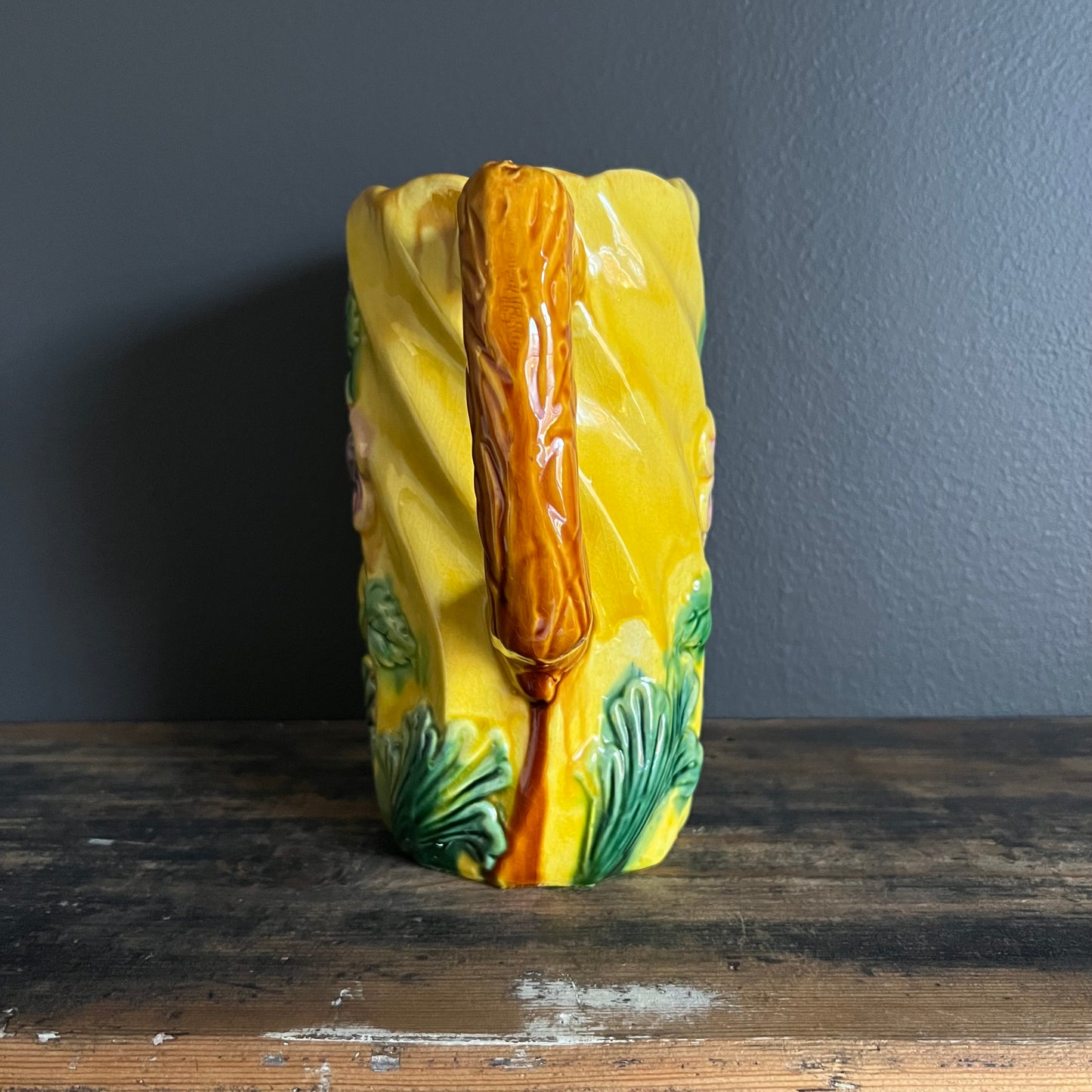 Vintage Majolica Style Pottery Jug Flowers & Leaves