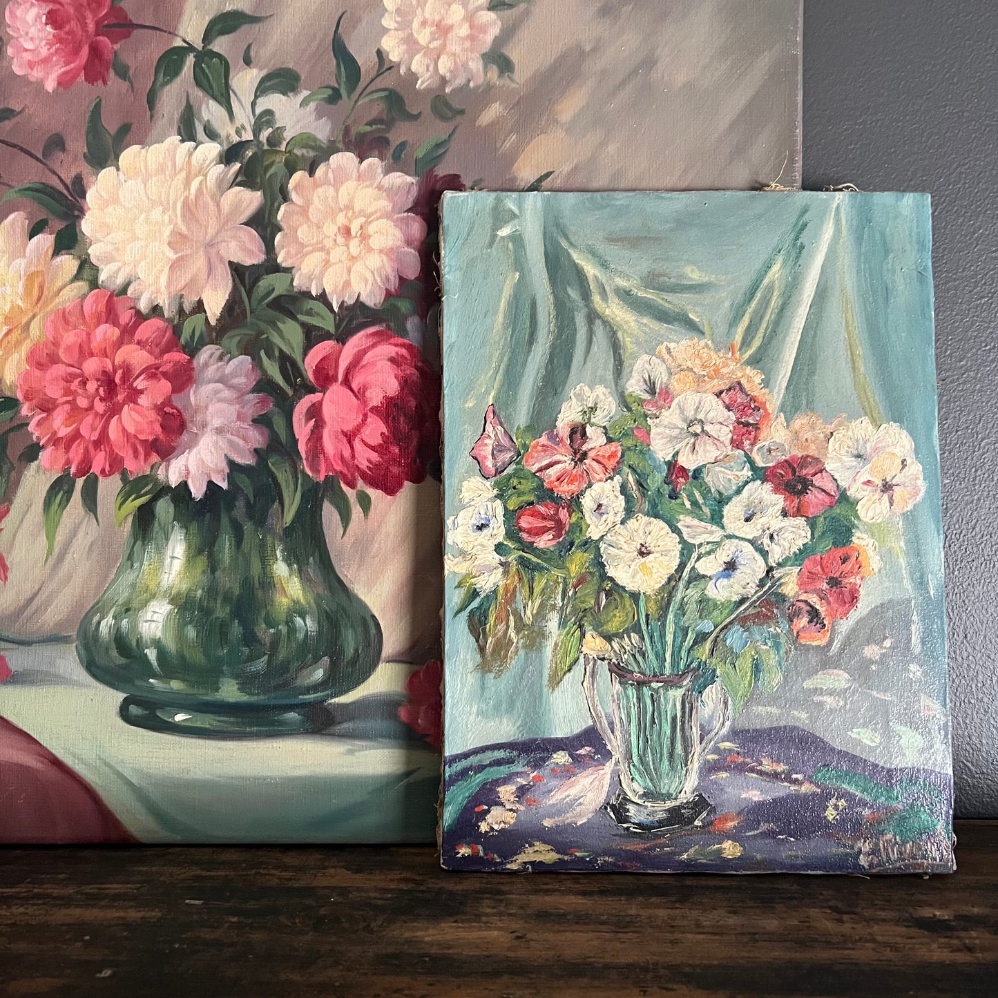 Vintage Oil Painting Still Life Blooms in Vase
