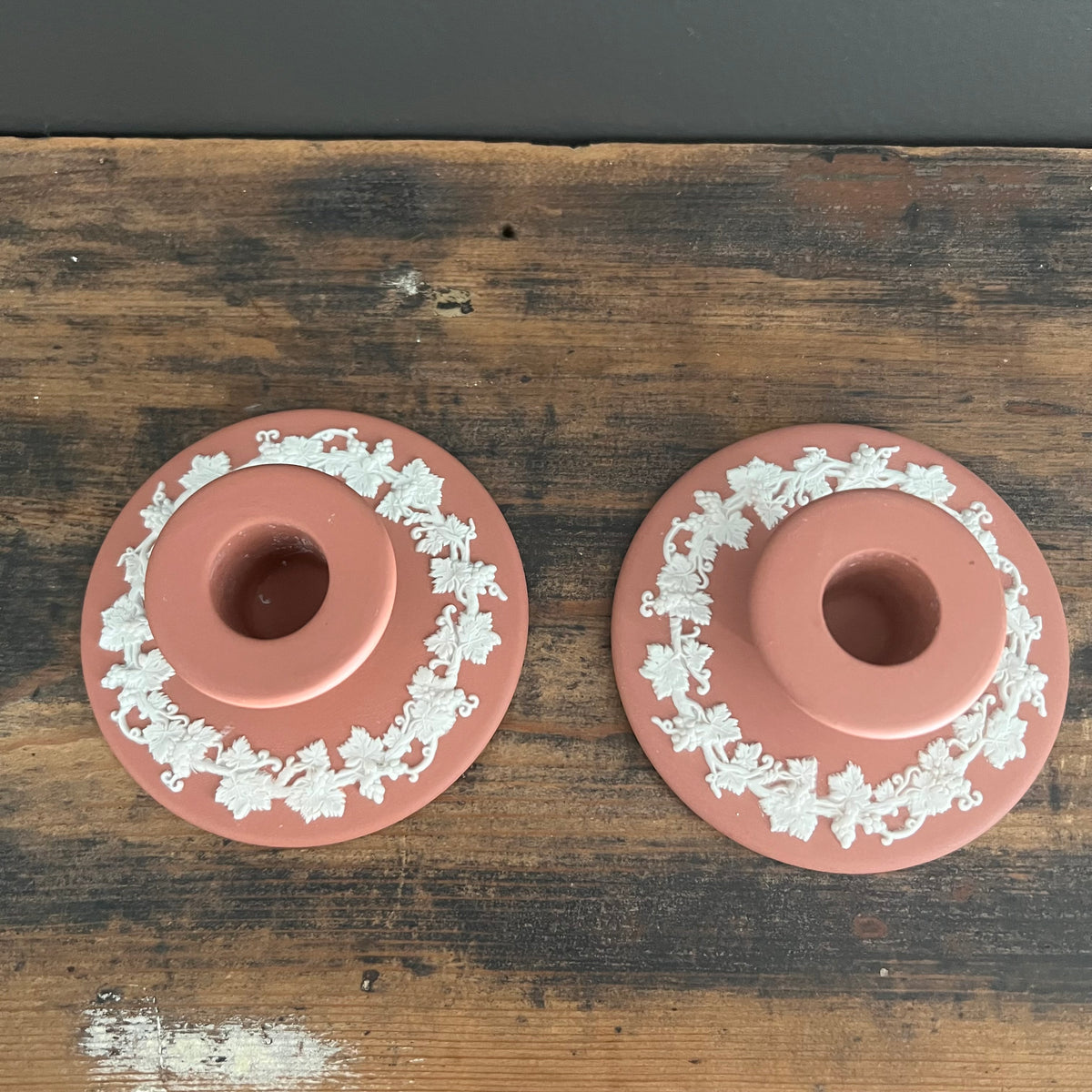 Vintage Wedgwood Jasperware Terracotta Candlestick Holders Grapevine Pair