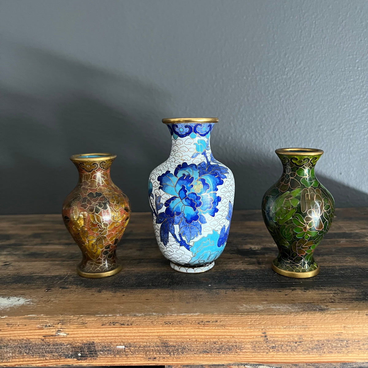 Vintage Cloisonné Vase Blue and White Florals and Bird
