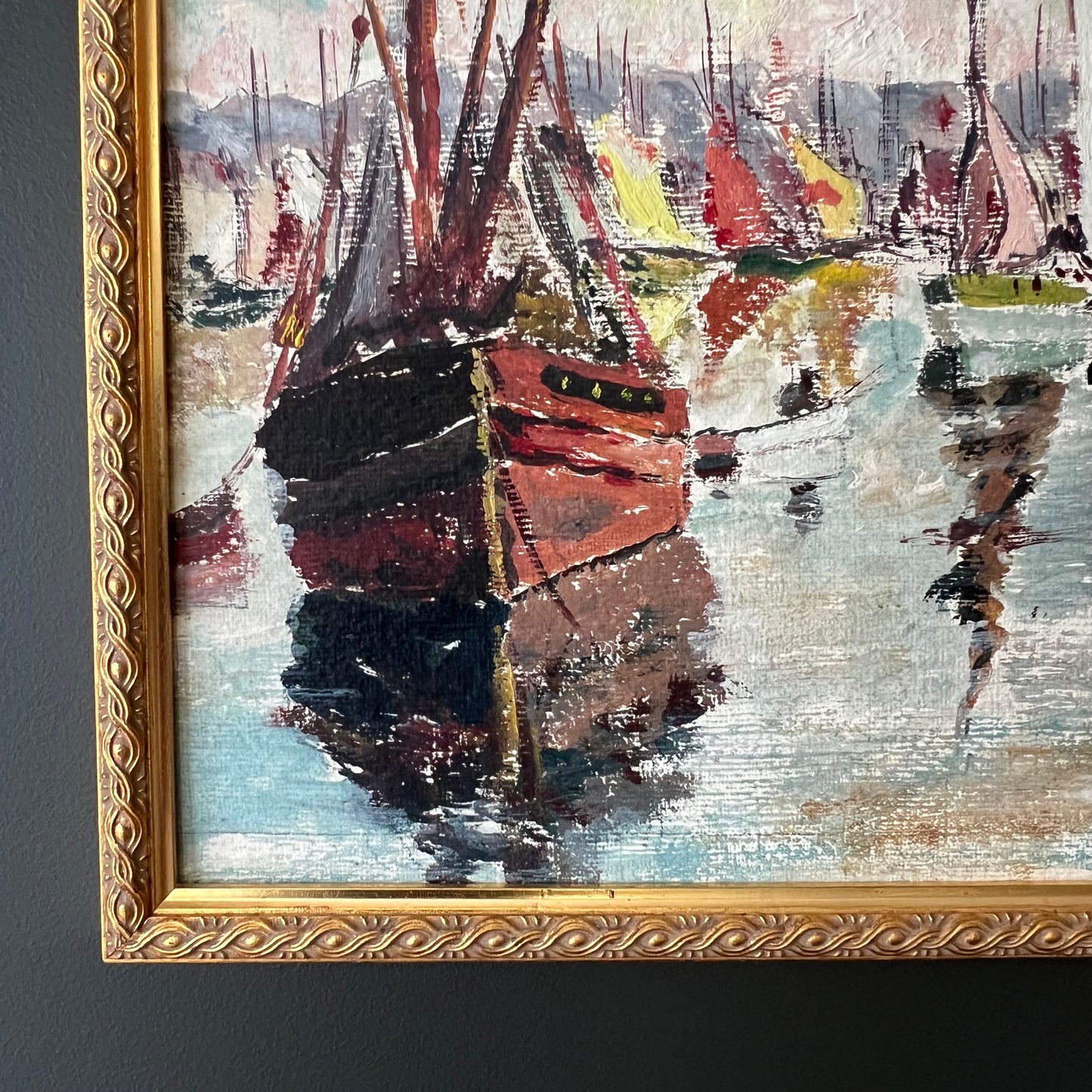 Vintage Oil Painting French Colourful European Marina Boats 1960s