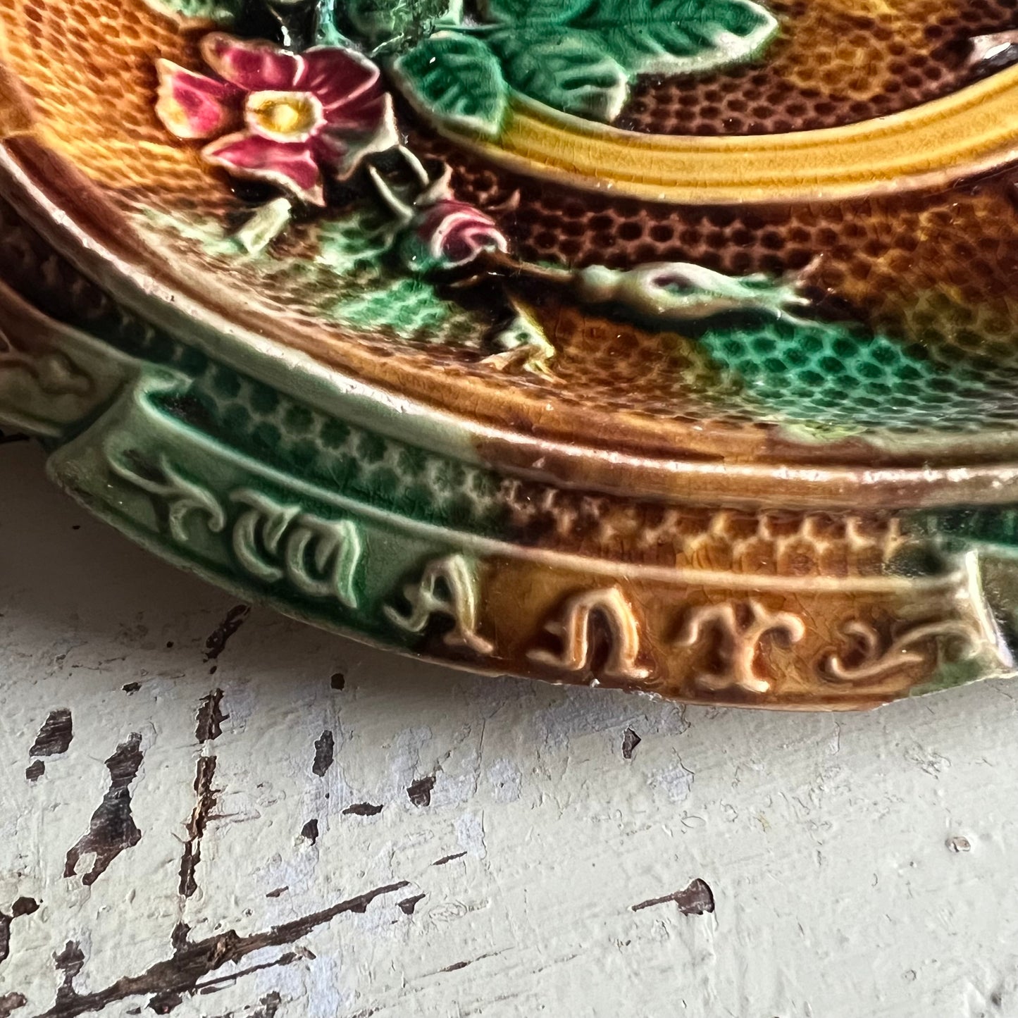 Rare Antique Majolica Bread Plate Dish Waste Not Want Not
