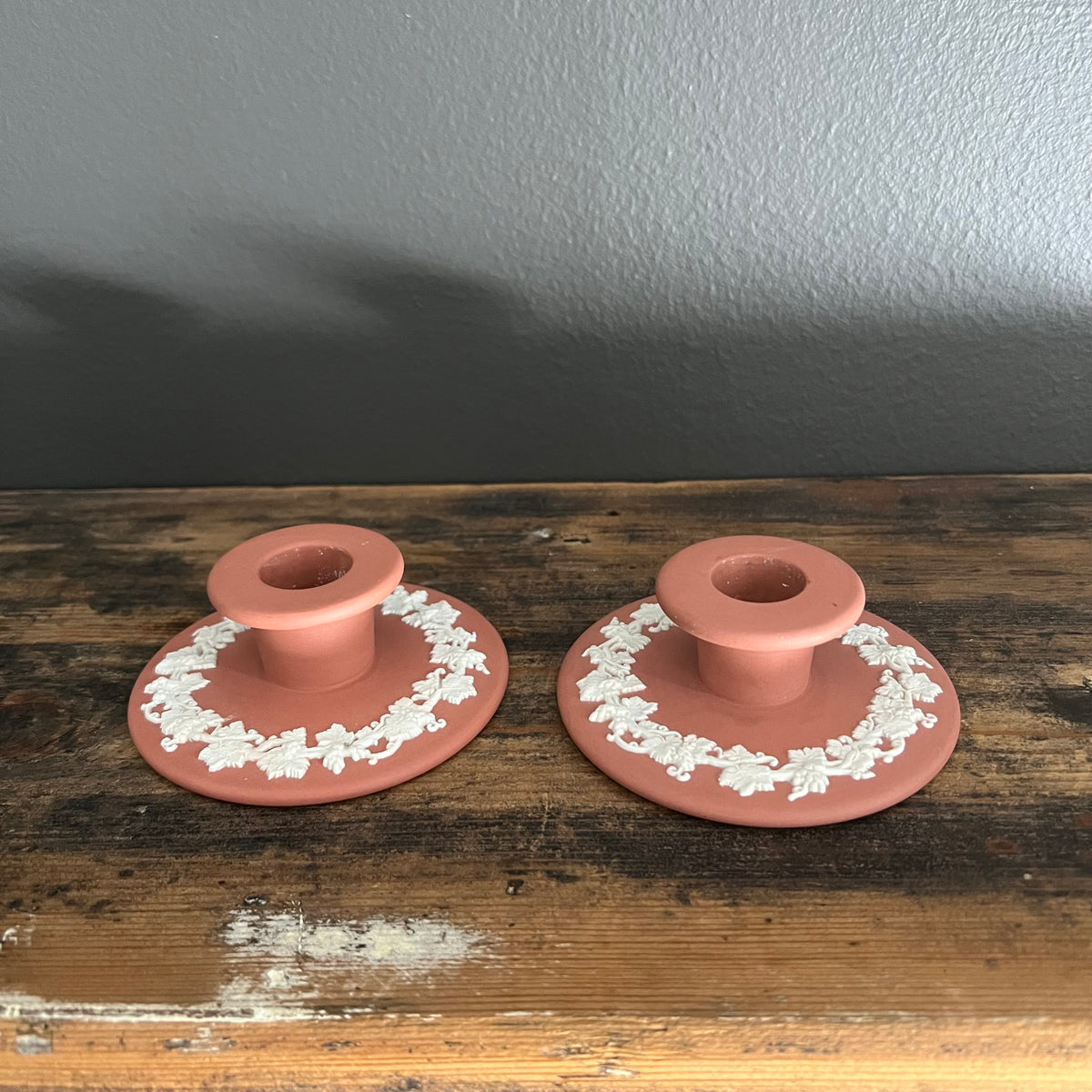 Vintage Wedgwood Jasperware Terracotta Candlestick Holders Grapevine Pair