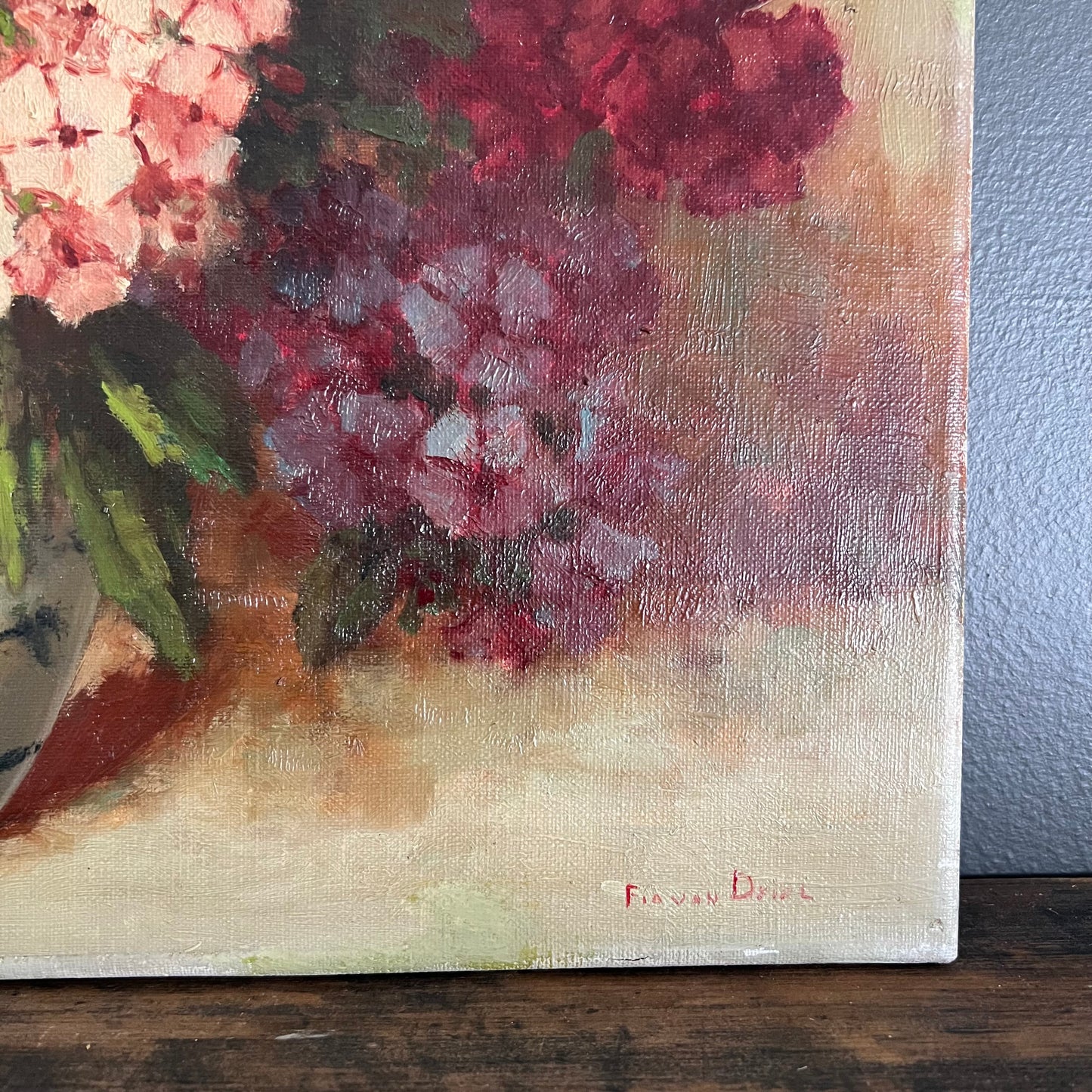 Vintage Oil Painting Still Life Phlox Flowers in Vase Dutch