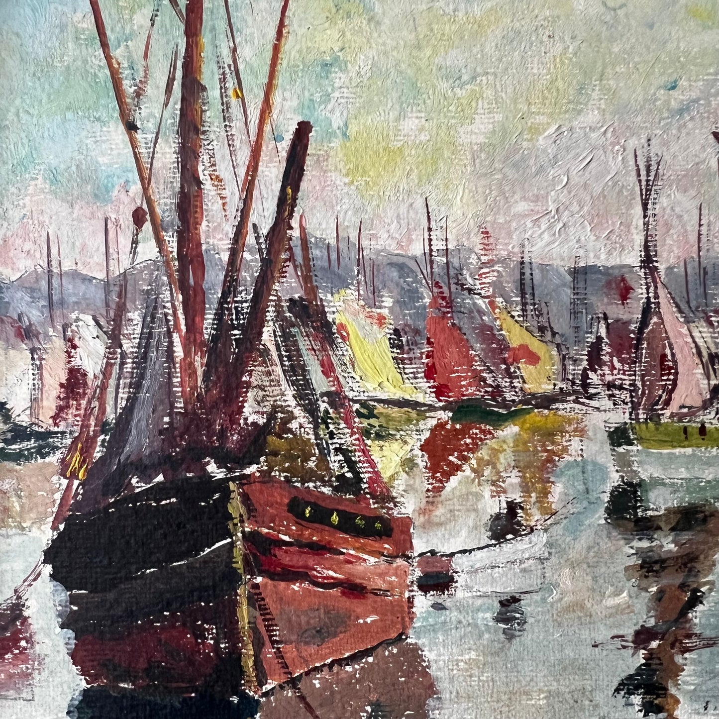 Vintage Oil Painting French Colourful European Marina Boats 1960s