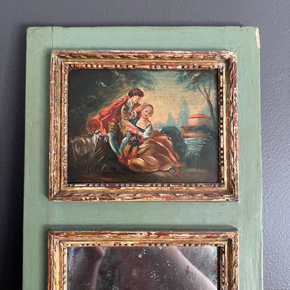 Antique French Trumeau Mirror and Painting 1800’s Courting Couple