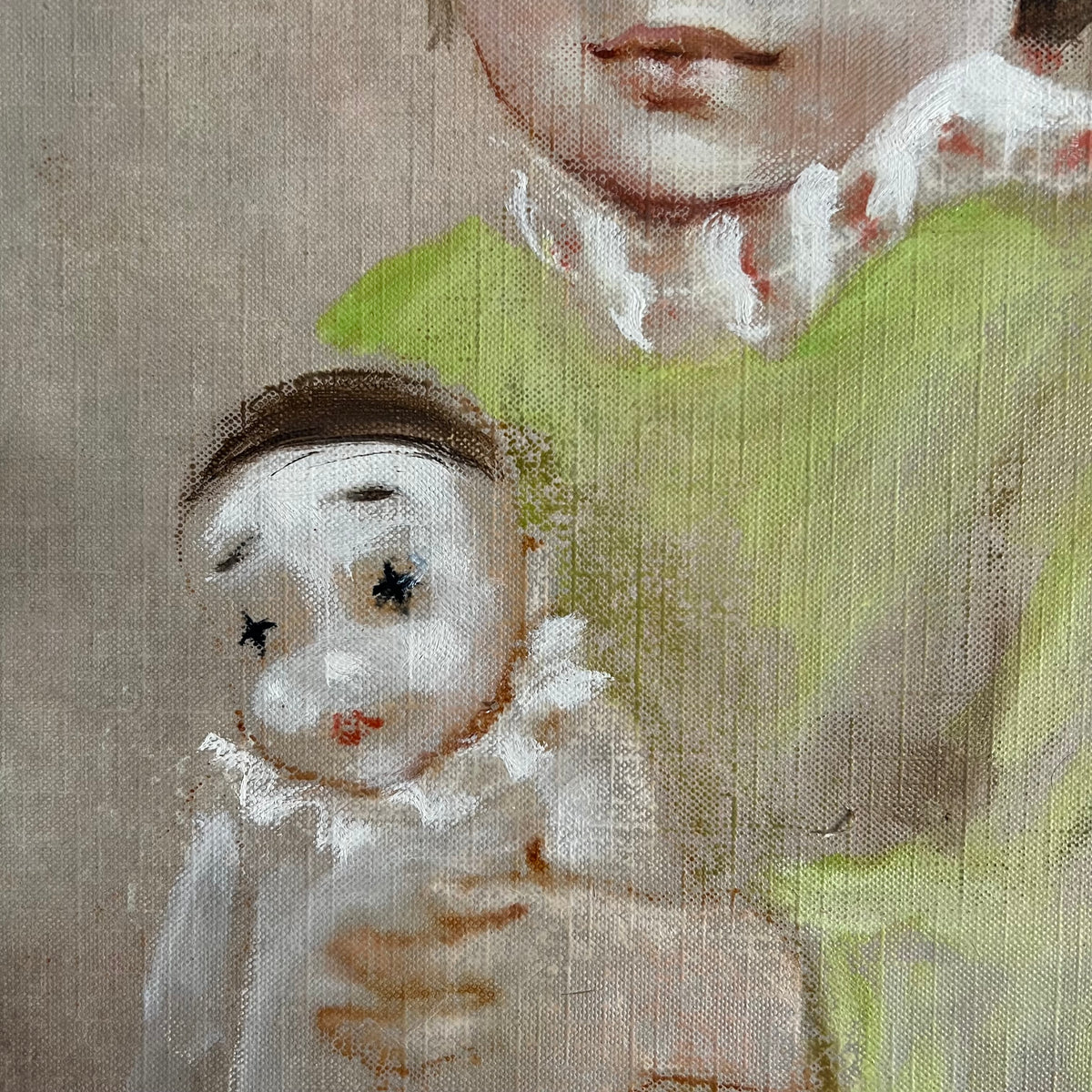 Vintage Original Painting Portrait Girl with her Pierrot Doll
