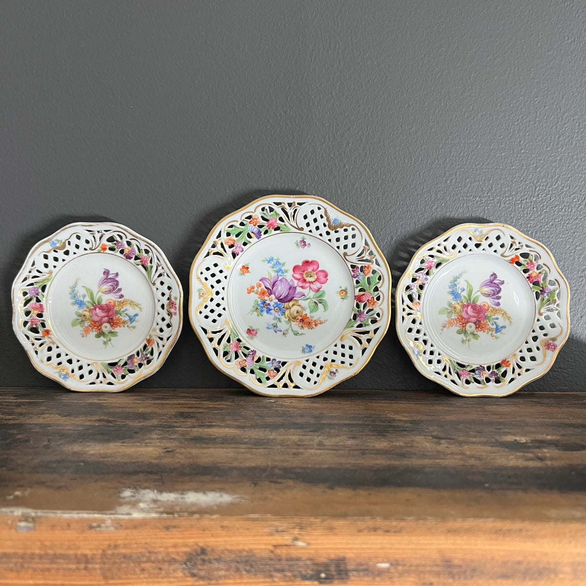 Vintage Hand Painted Porcelain Plates by Dresden Collection of 3