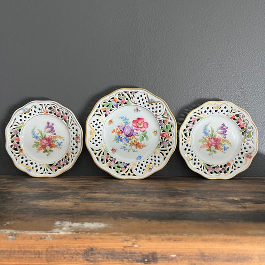 Vintage Hand Painted Porcelain Plates by Dresden Collection of 3