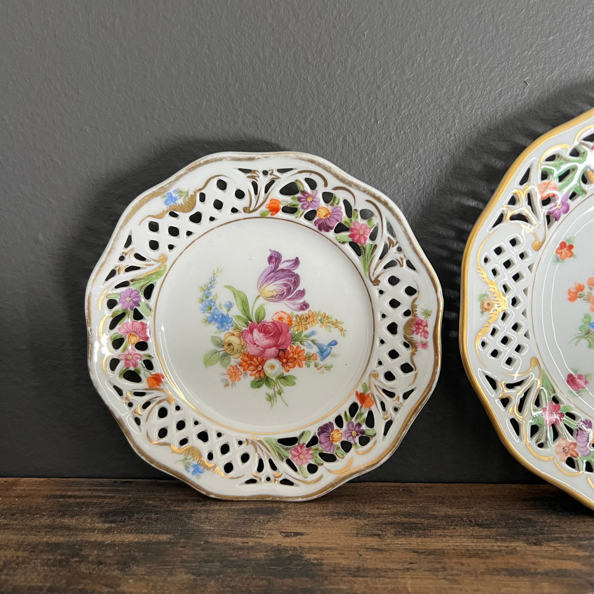 Vintage Hand Painted Porcelain Plates by Dresden Collection of 3