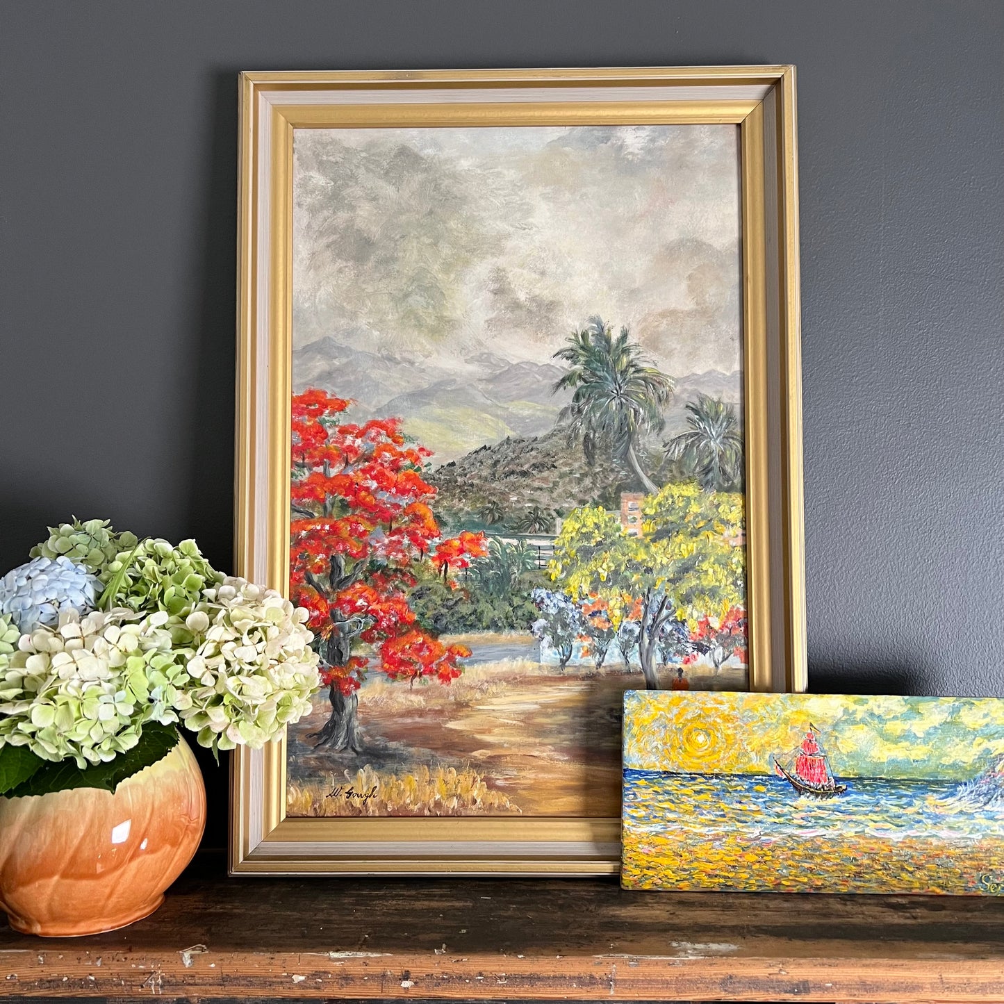 Vintage Painting Impressionist Seascape Sailboat in the Sunshine