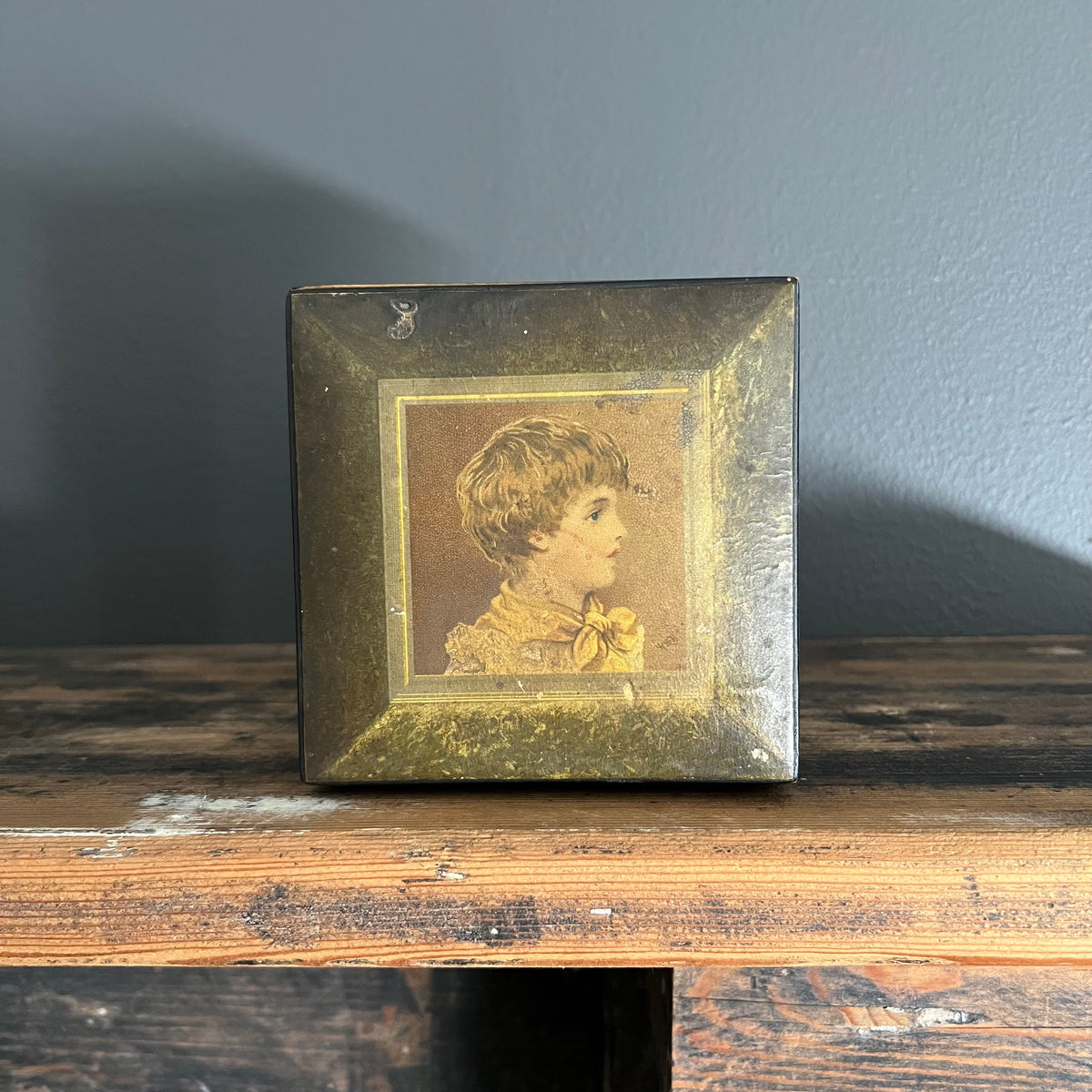 Antique Handmade Timber Box with Picture of Boy