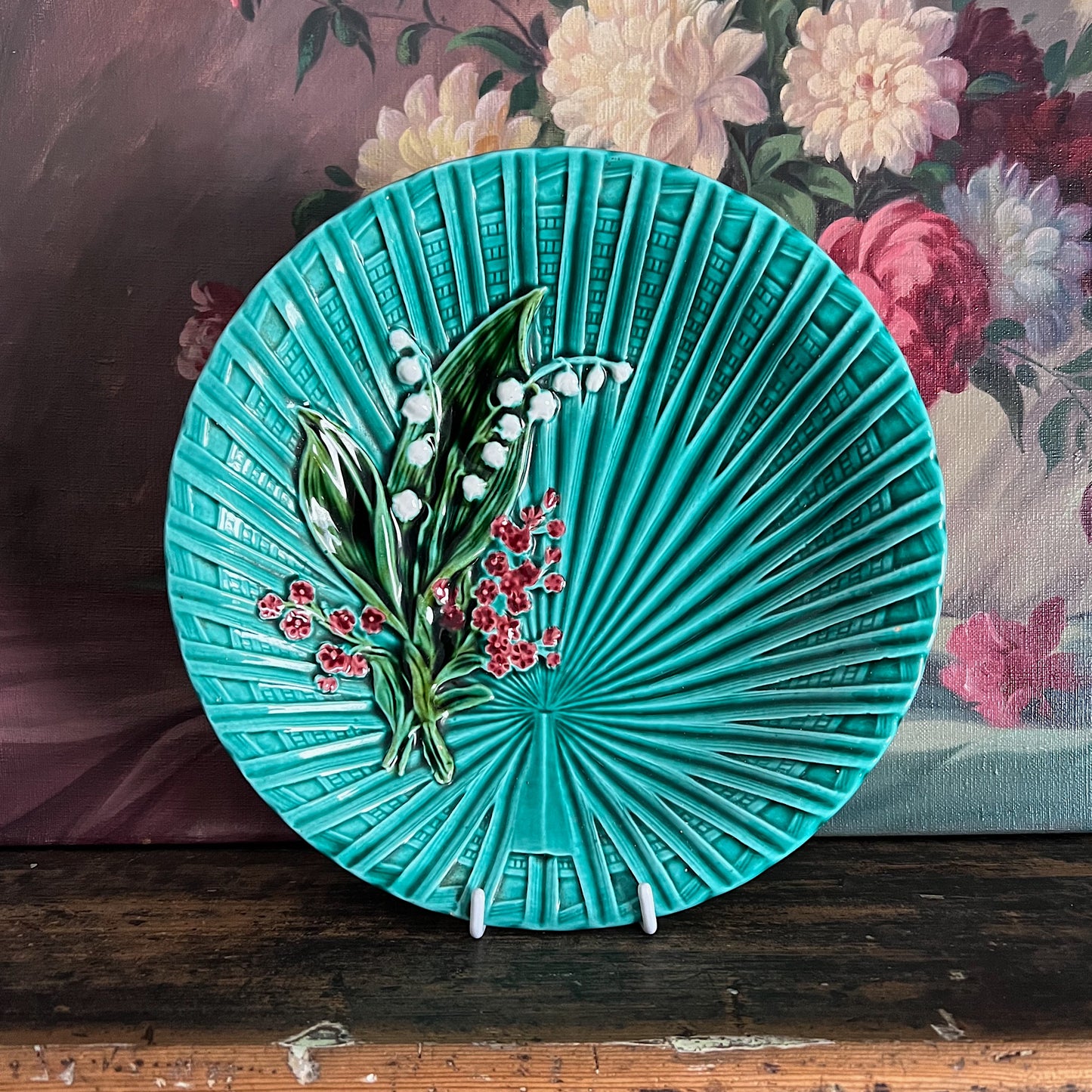 Vintage Majolica Green Bowl Dish Hand Painted Lily of the Valley by Marie Louise Germany