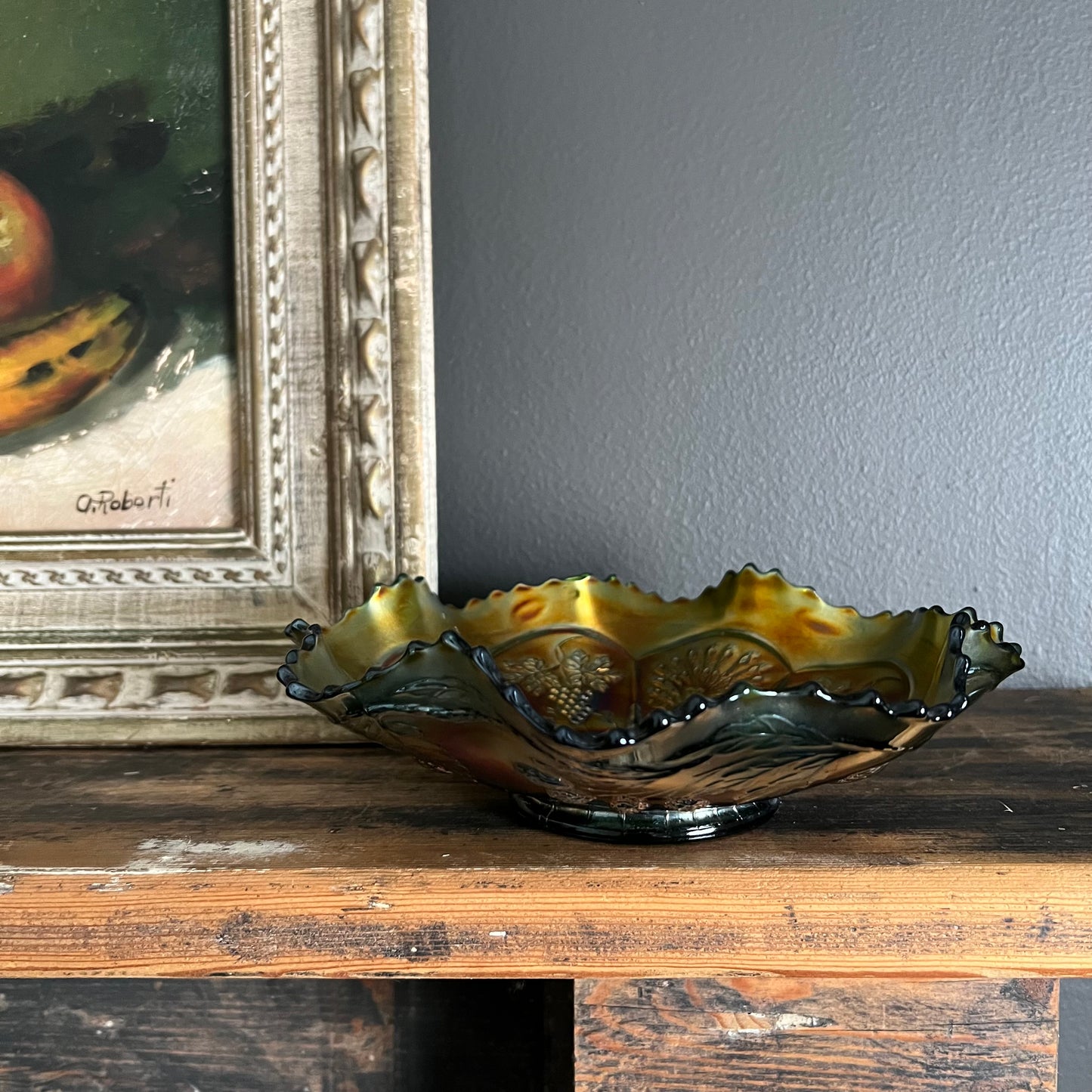 Vintage Fenton Carnival Glass Bowl Grapes & Peacocks
