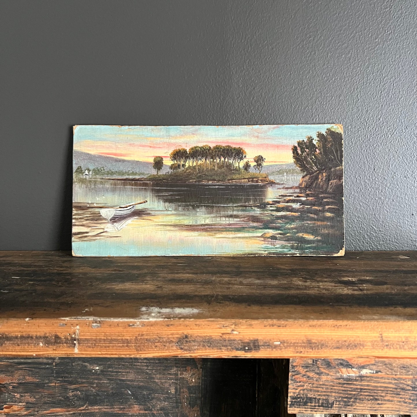 Vintage Oil Painting Landscape River Scene at Sunset