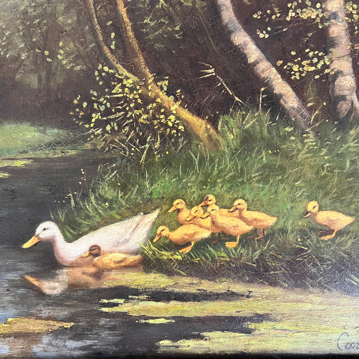 Vintage Oil Painting Landscape Duck Family by a Stream Ornate Frame