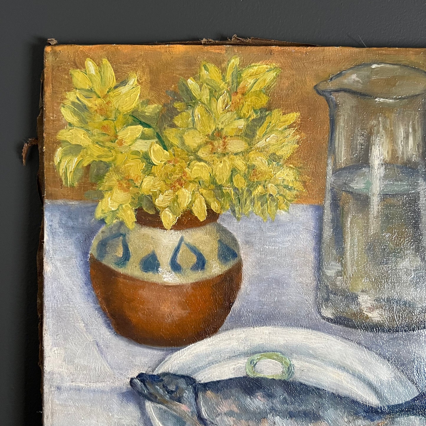 Antique Oil Painting Still Life Tabletop Scene with Fish Dinner France