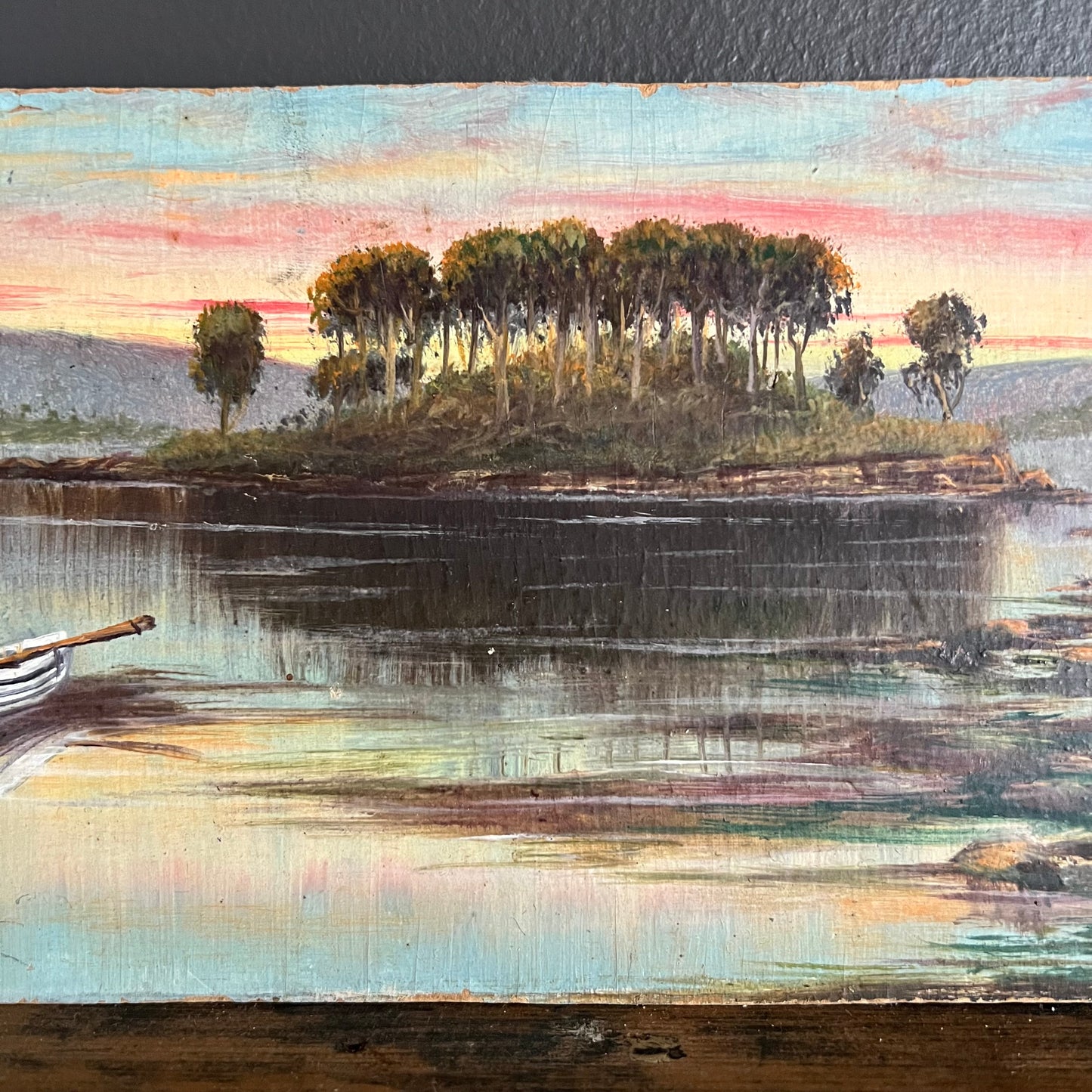 Vintage Oil Painting Landscape River Scene at Sunset