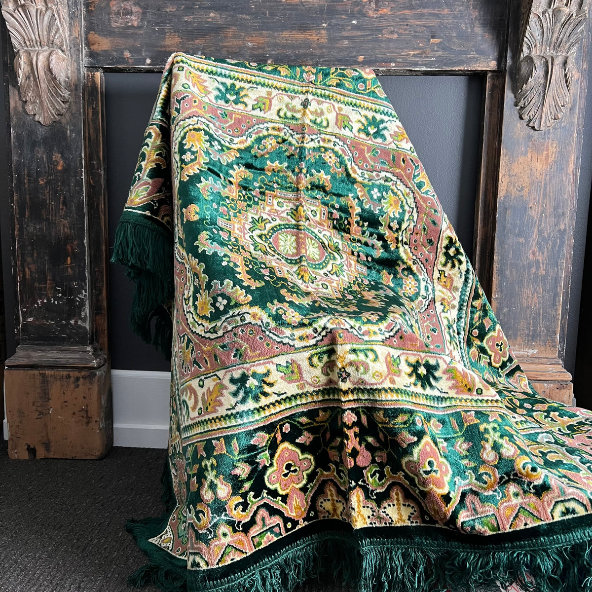 Vintage Velveteen Pattern Throw with Fringe Green