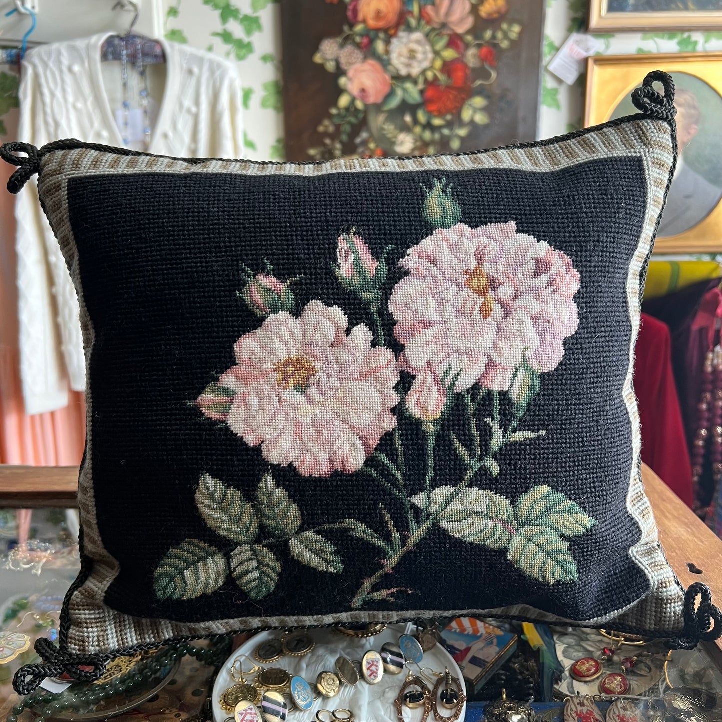 Gorgeous Blush Pink Roses & Buds Wool Tapestry & Velvet Cushion
