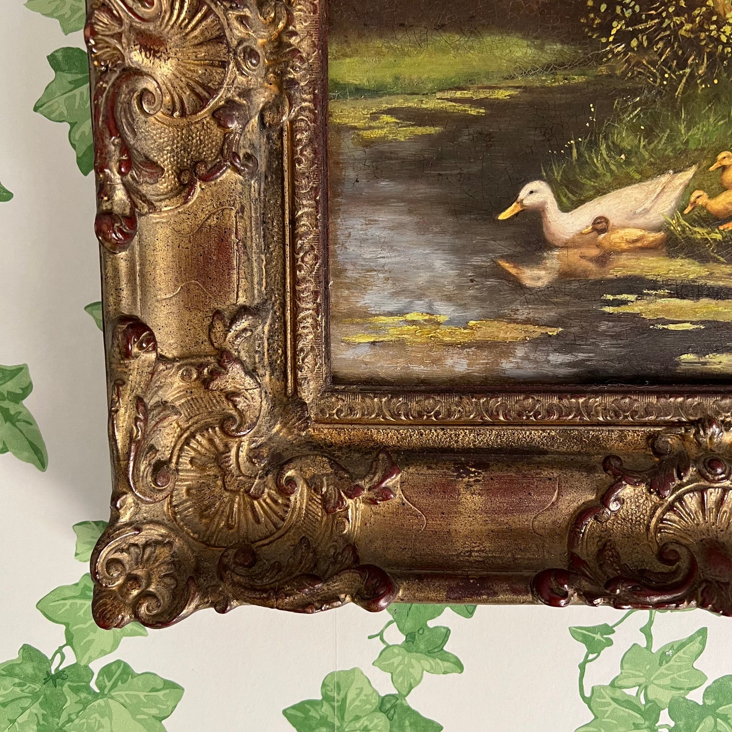 Vintage Oil Painting Landscape Duck Family by a Stream Ornate Frame