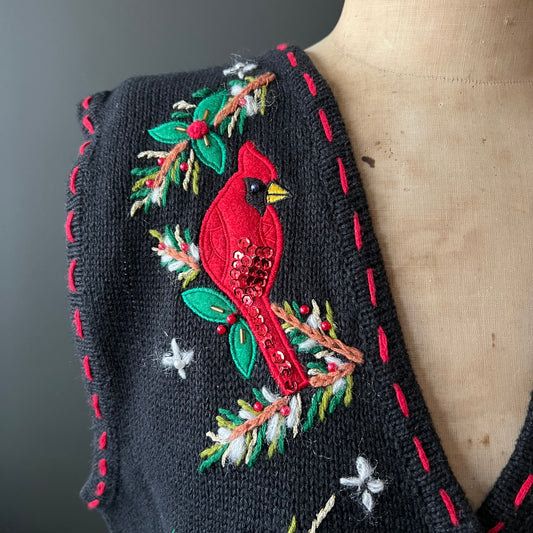 Vintage Boston Gallery Embroidered Cotton Vest with Red Cardinal Birds